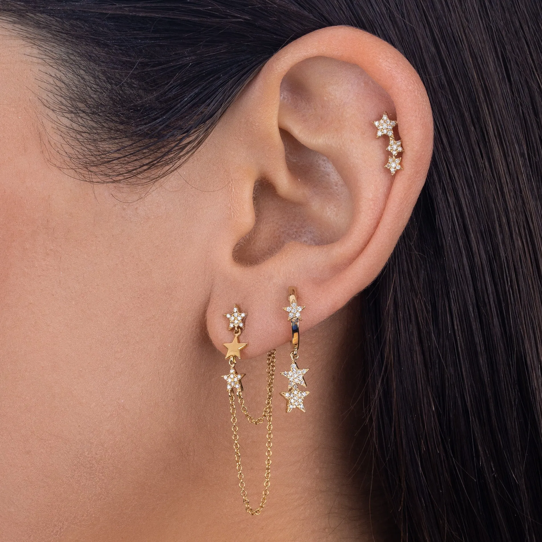 Diamond Stars Chain Stud Earring 14K