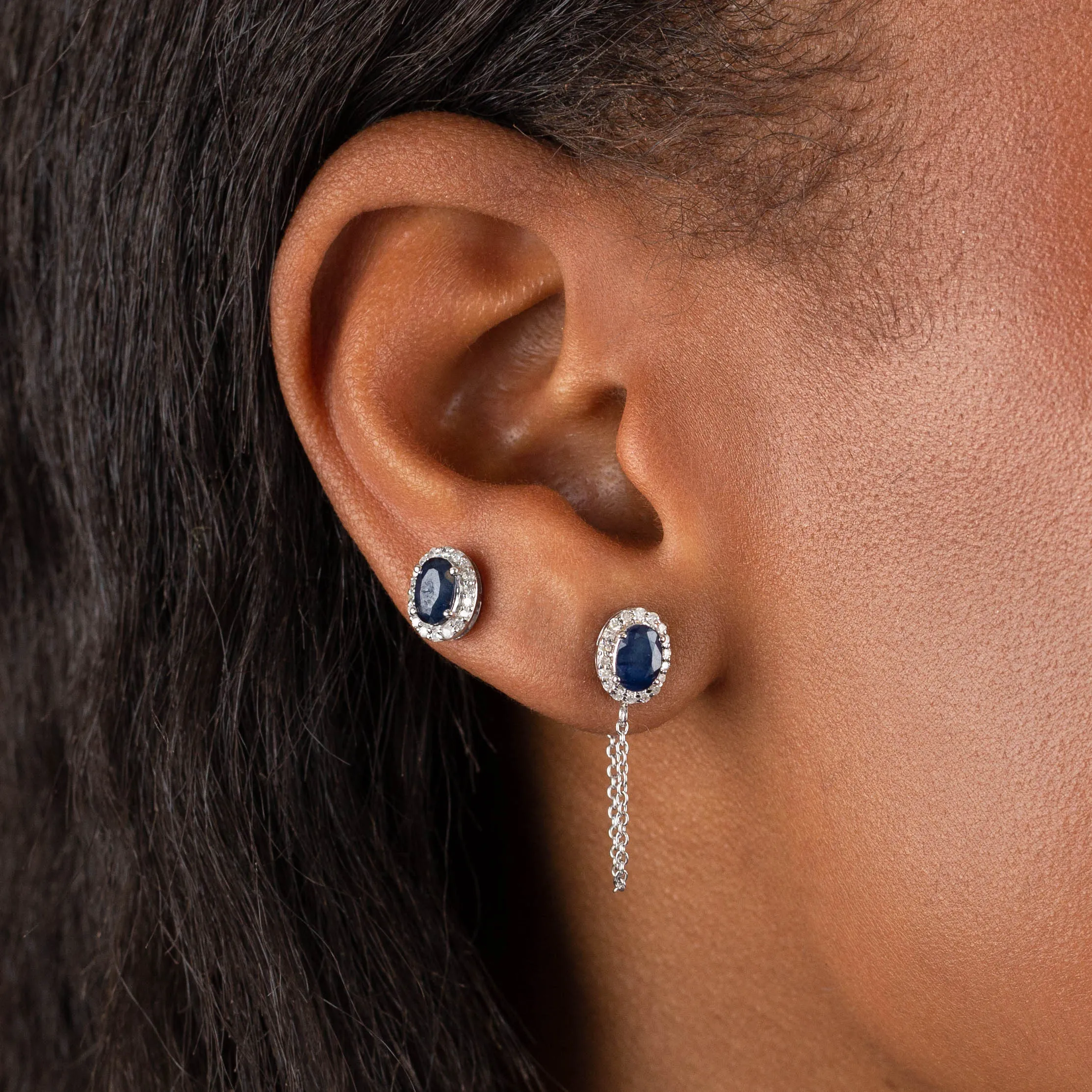 Diamond X Sapphire Oval Stud Earring 14K