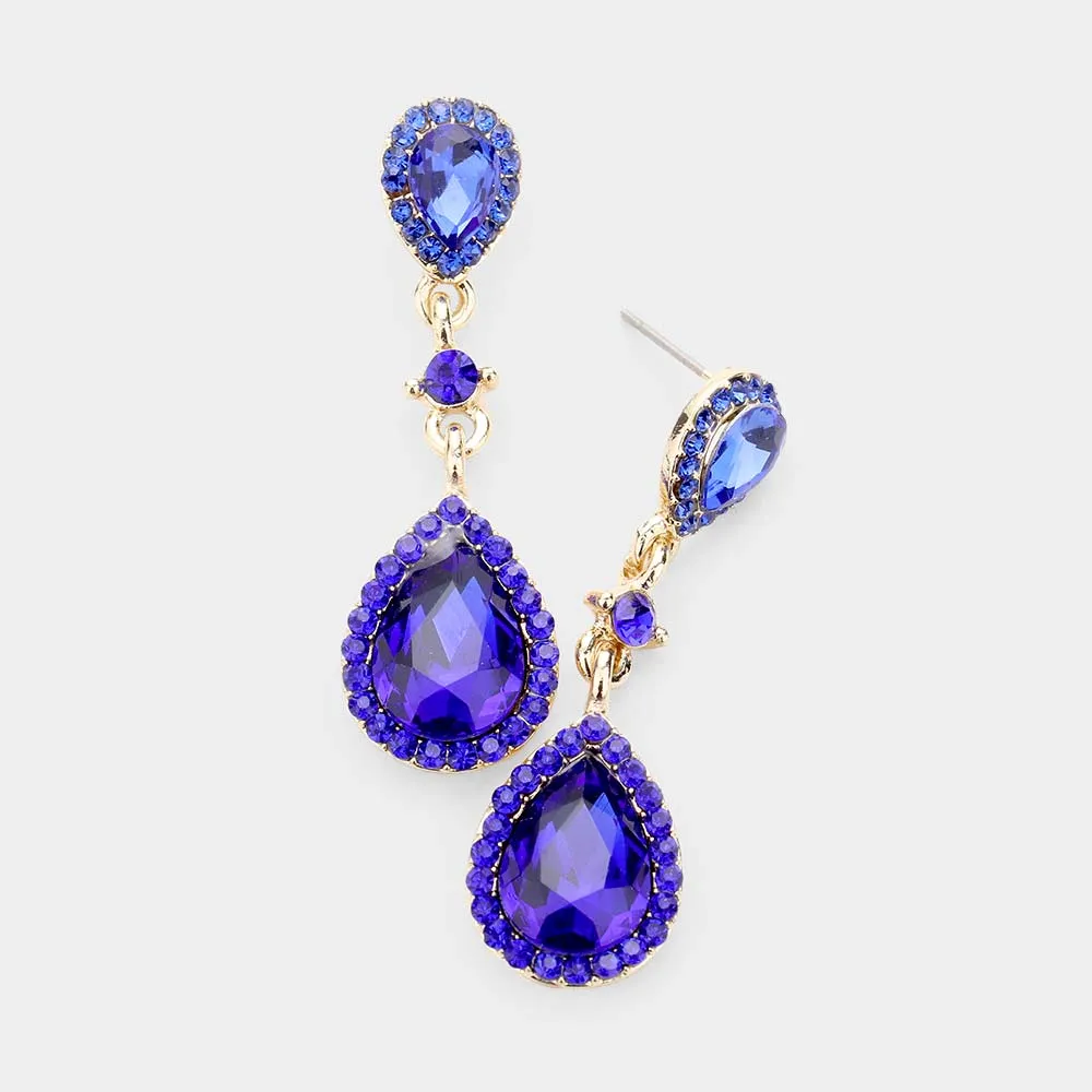 Double Sapphire Teardrop Stone Dangle Pageant Earrings | Drop Earrings |  478438