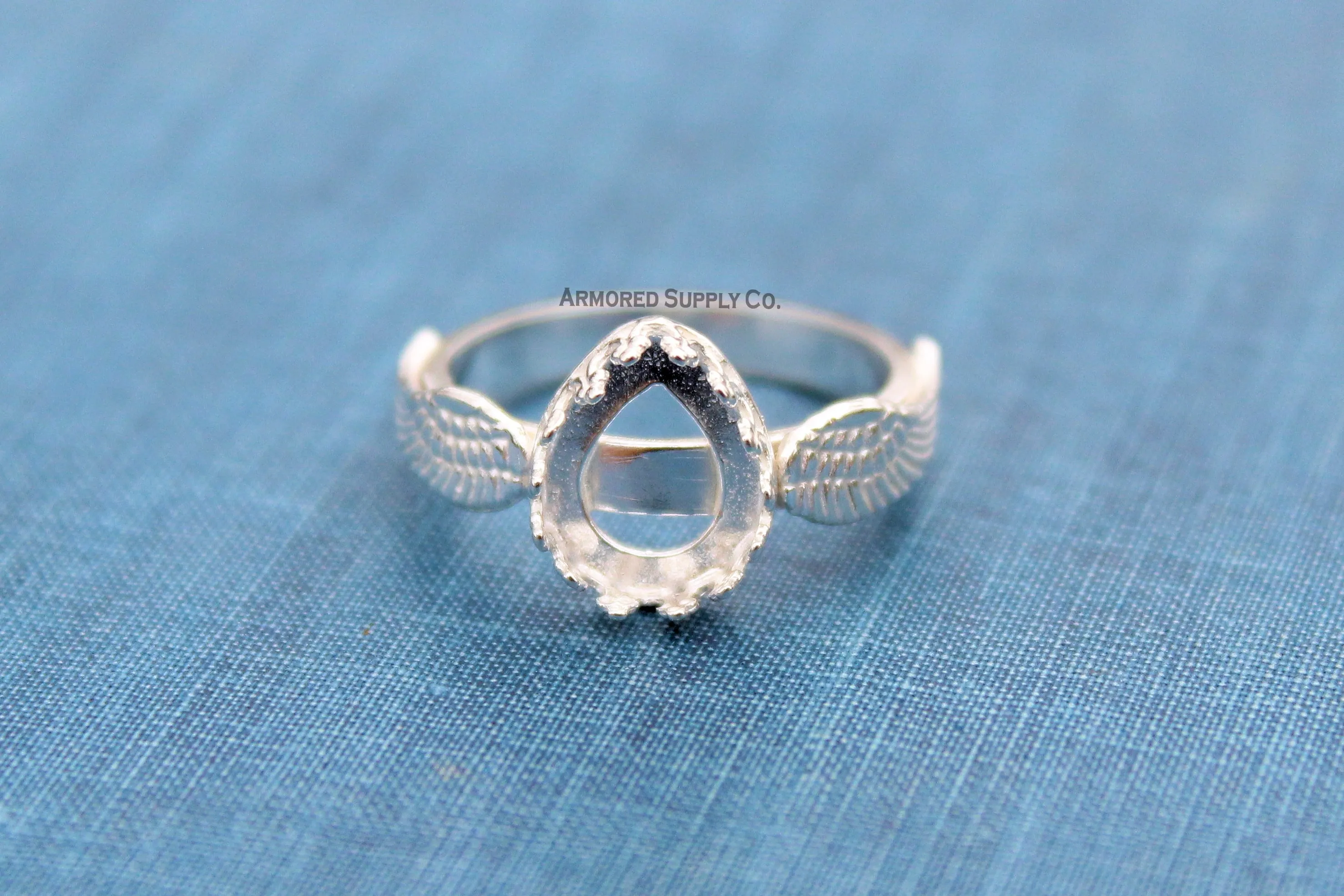 Double Wing Ring Crown Pear Bezel Cup Ring Blank Silver