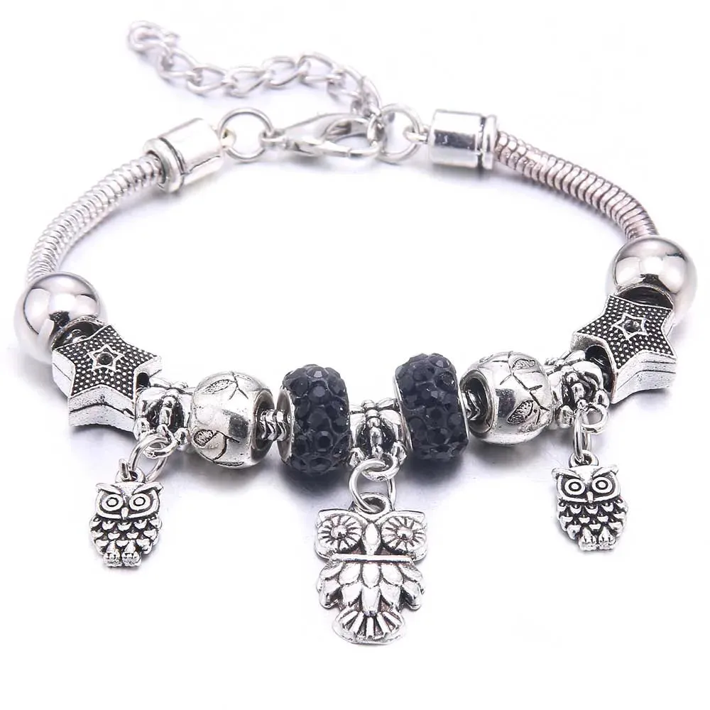 dragonfly owl Shape Crystal Charm Bracelets Beads Bracelet Women DIY Beads Brand Bracelets & Bangles Jewelry Gift
