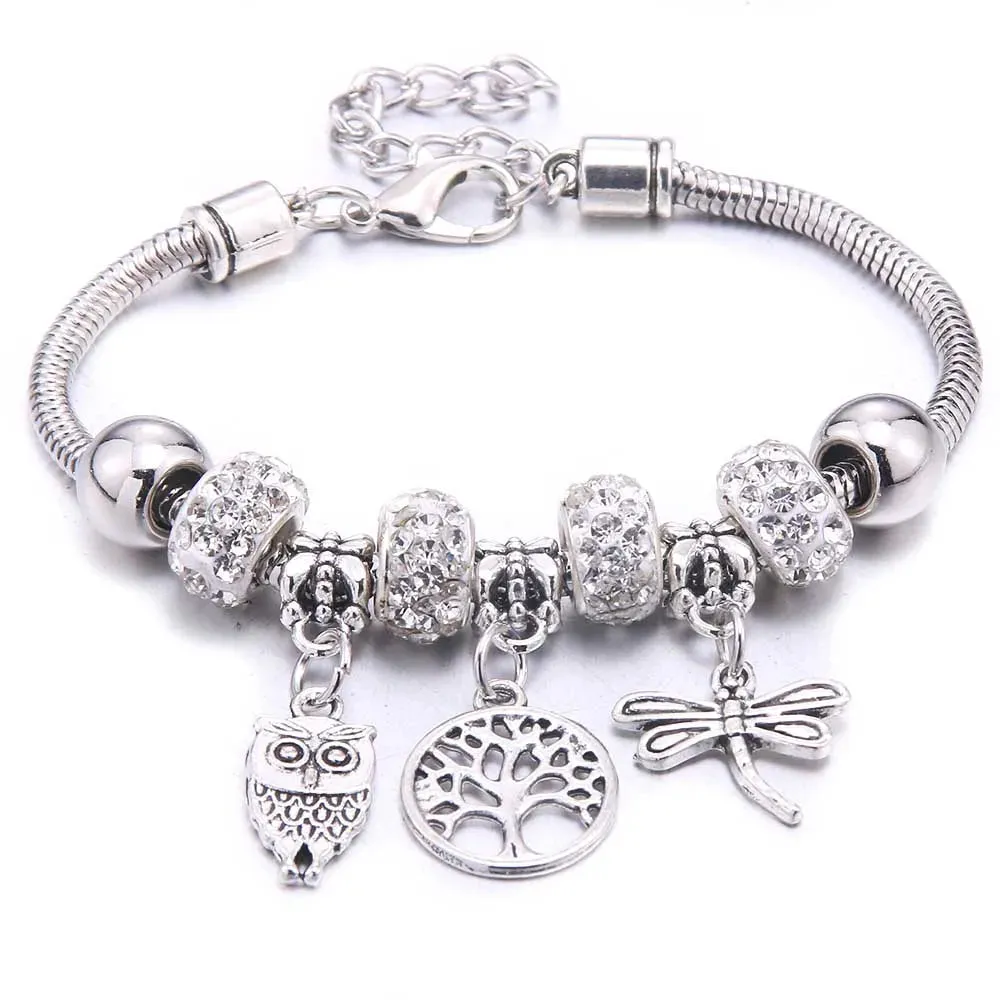 dragonfly owl Shape Crystal Charm Bracelets Beads Bracelet Women DIY Beads Brand Bracelets & Bangles Jewelry Gift