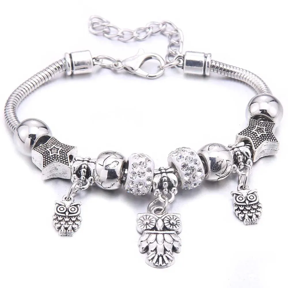 dragonfly owl Shape Crystal Charm Bracelets Beads Bracelet Women DIY Beads Brand Bracelets & Bangles Jewelry Gift