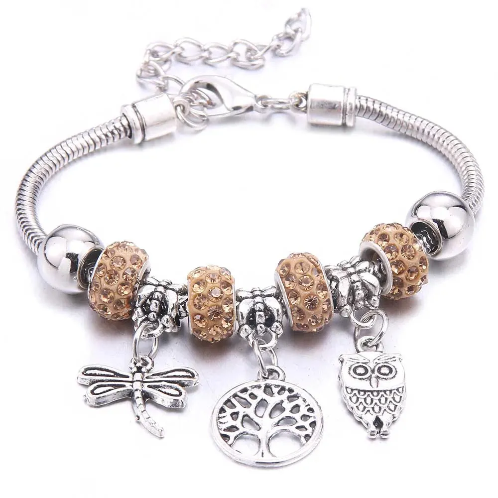 dragonfly owl Shape Crystal Charm Bracelets Beads Bracelet Women DIY Beads Brand Bracelets & Bangles Jewelry Gift