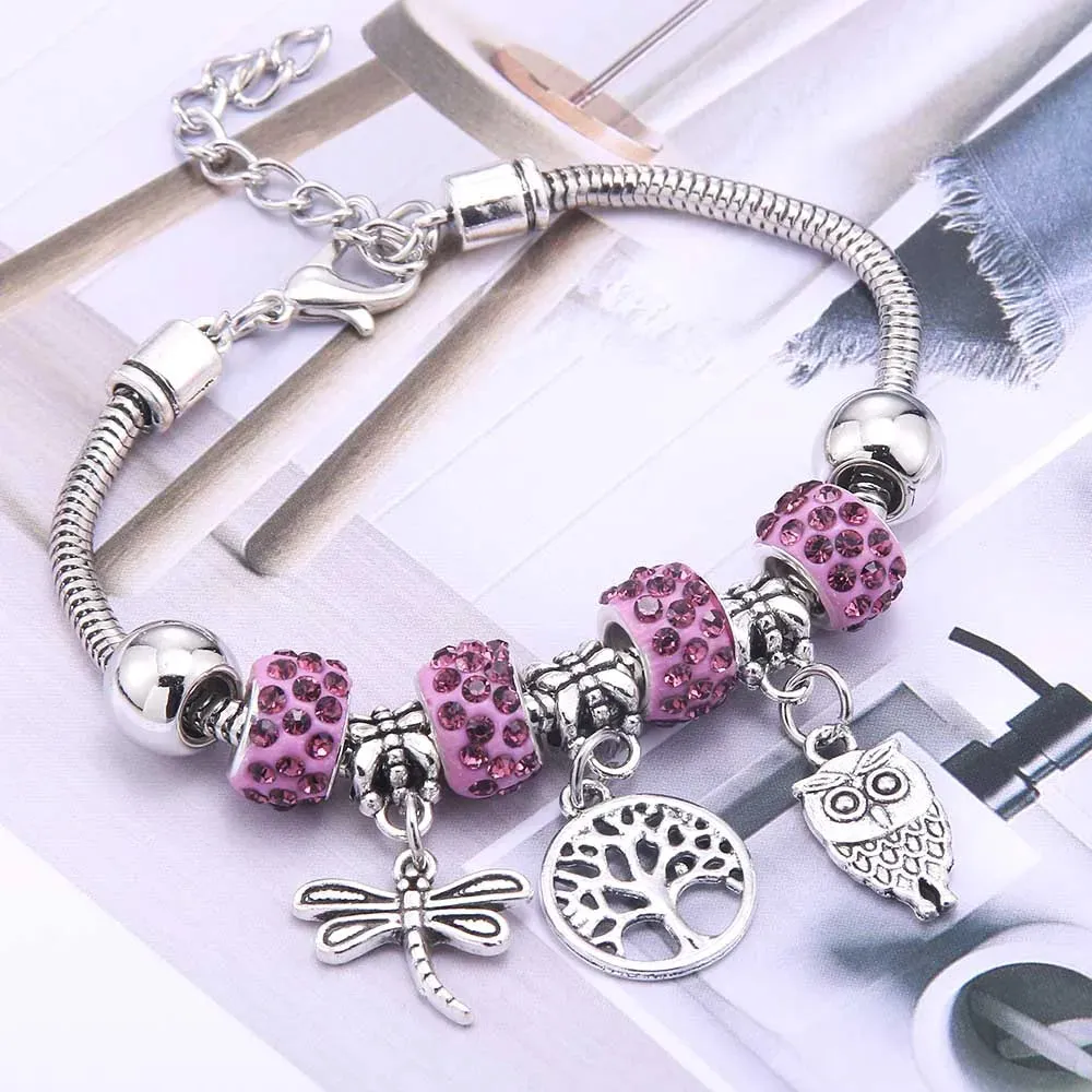 dragonfly owl Shape Crystal Charm Bracelets Beads Bracelet Women DIY Beads Brand Bracelets & Bangles Jewelry Gift