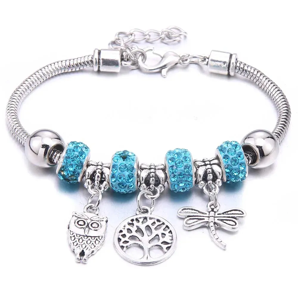dragonfly owl Shape Crystal Charm Bracelets Beads Bracelet Women DIY Beads Brand Bracelets & Bangles Jewelry Gift