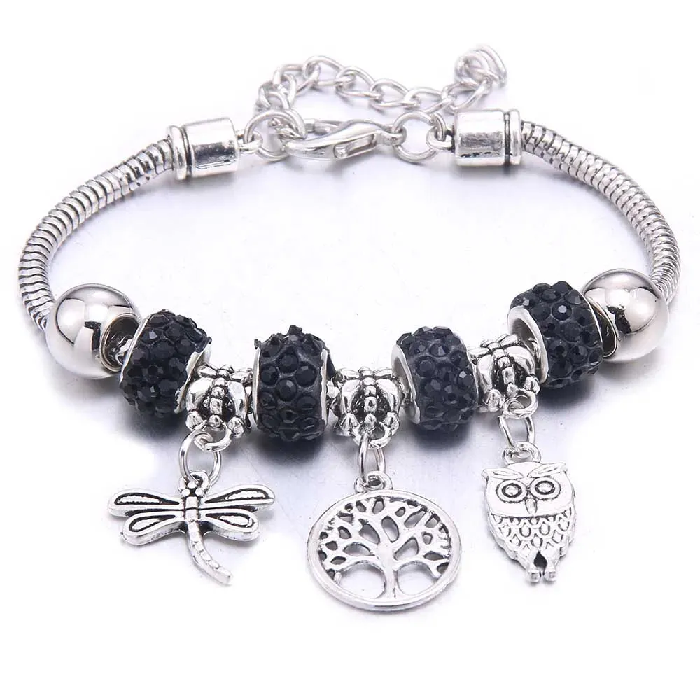 dragonfly owl Shape Crystal Charm Bracelets Beads Bracelet Women DIY Beads Brand Bracelets & Bangles Jewelry Gift