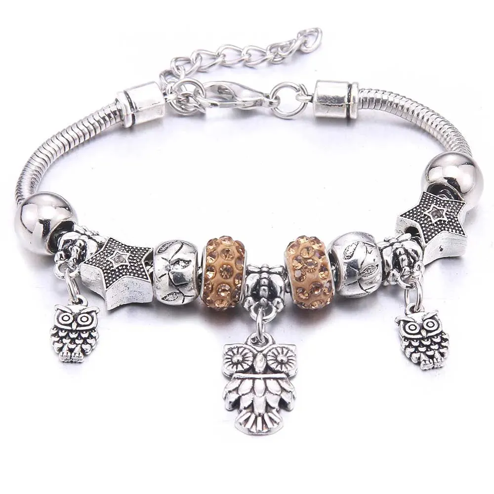 dragonfly owl Shape Crystal Charm Bracelets Beads Bracelet Women DIY Beads Brand Bracelets & Bangles Jewelry Gift