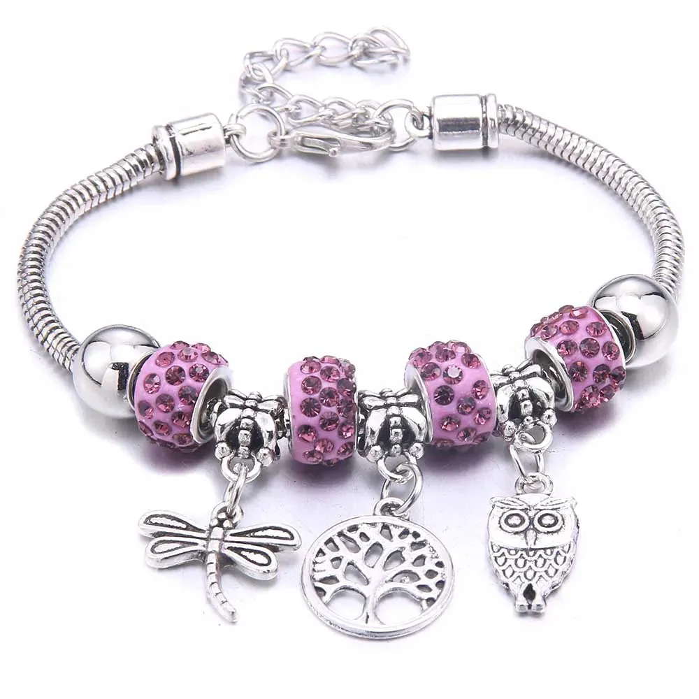 dragonfly owl Shape Crystal Charm Bracelets Beads Bracelet Women DIY Beads Brand Bracelets & Bangles Jewelry Gift