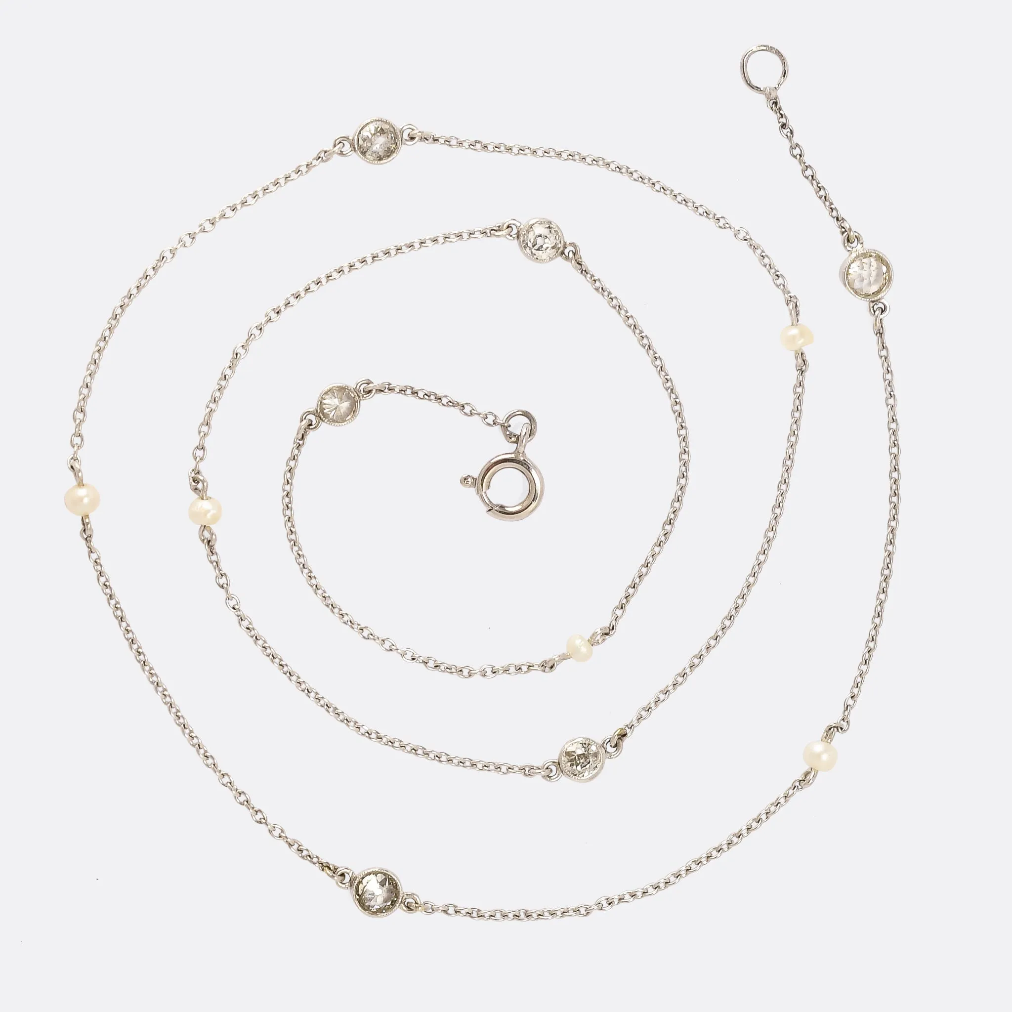 Edwardian Platinum Pearl & Diamond Chain Necklace