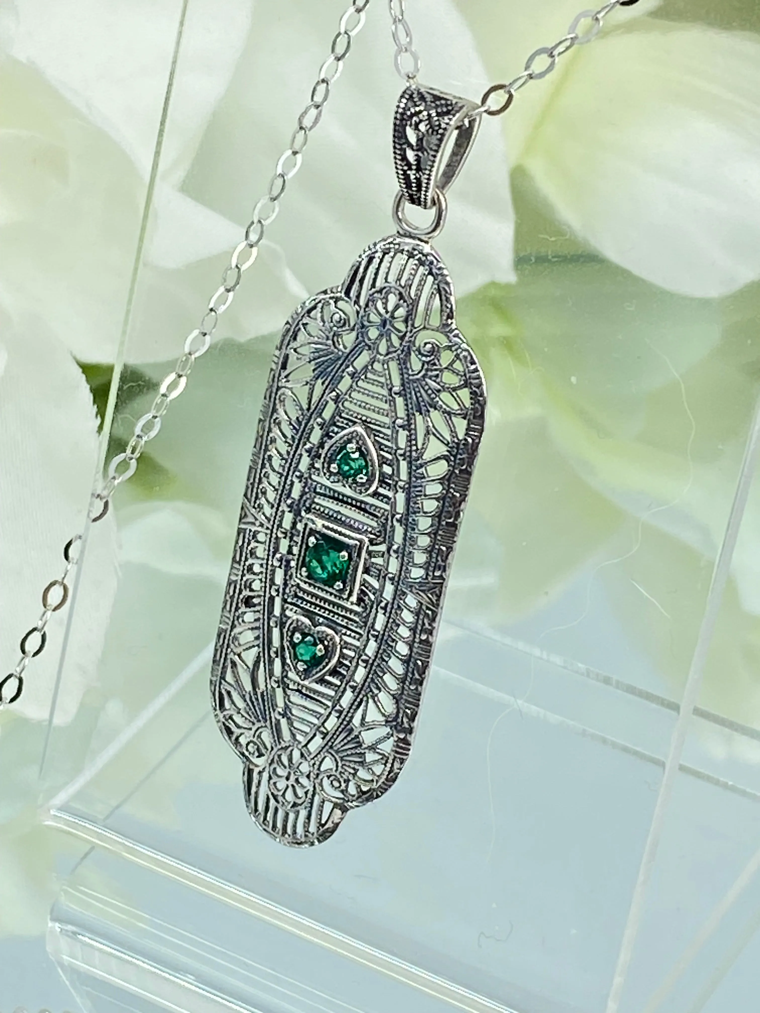 Emerald Angel Wing Pendant Necklace, Simulated or Natural Gemstones, Vintage Revival Jewelry #P359