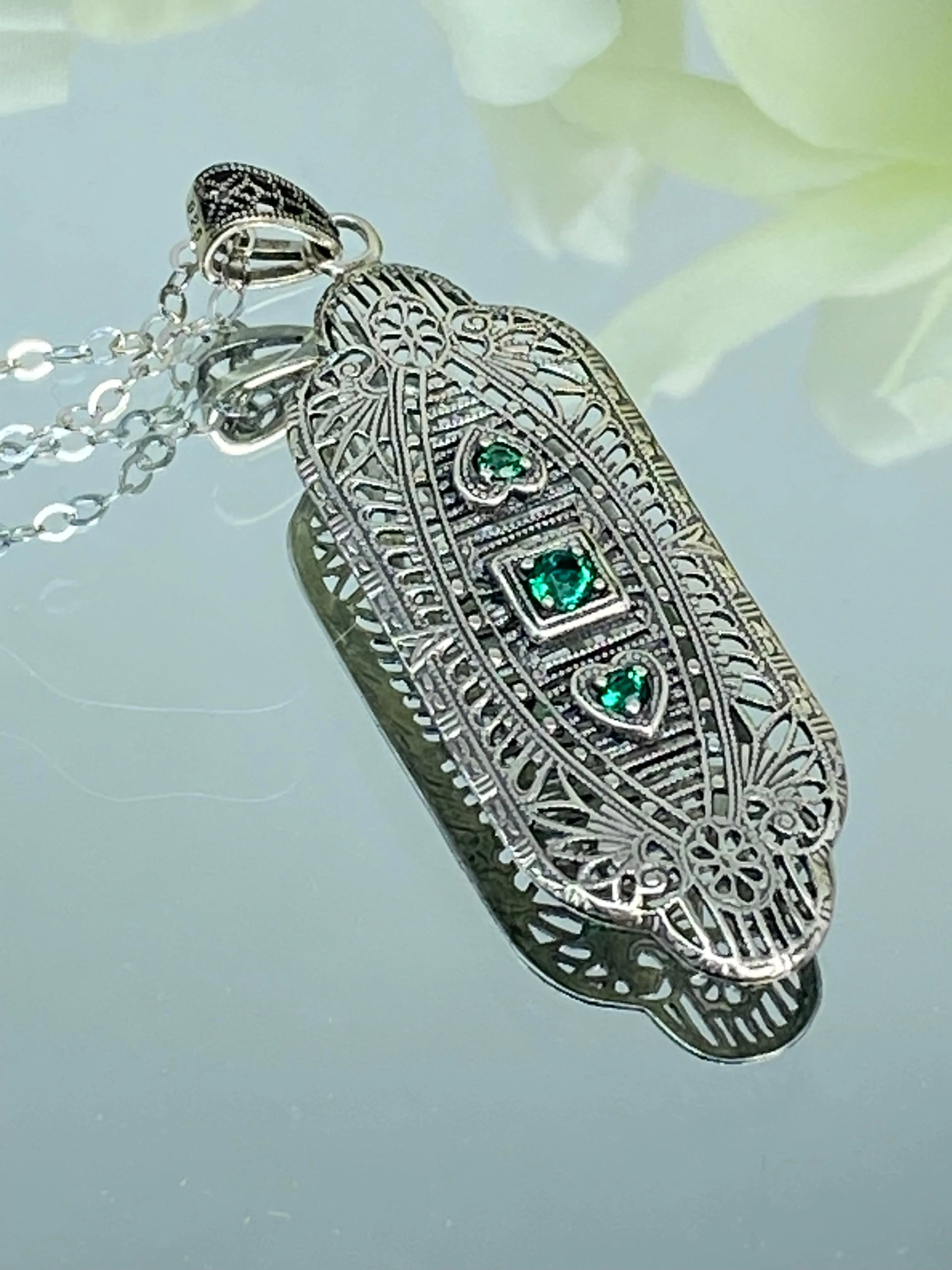 Emerald Angel Wing Pendant Necklace, Simulated or Natural Gemstones, Vintage Revival Jewelry #P359