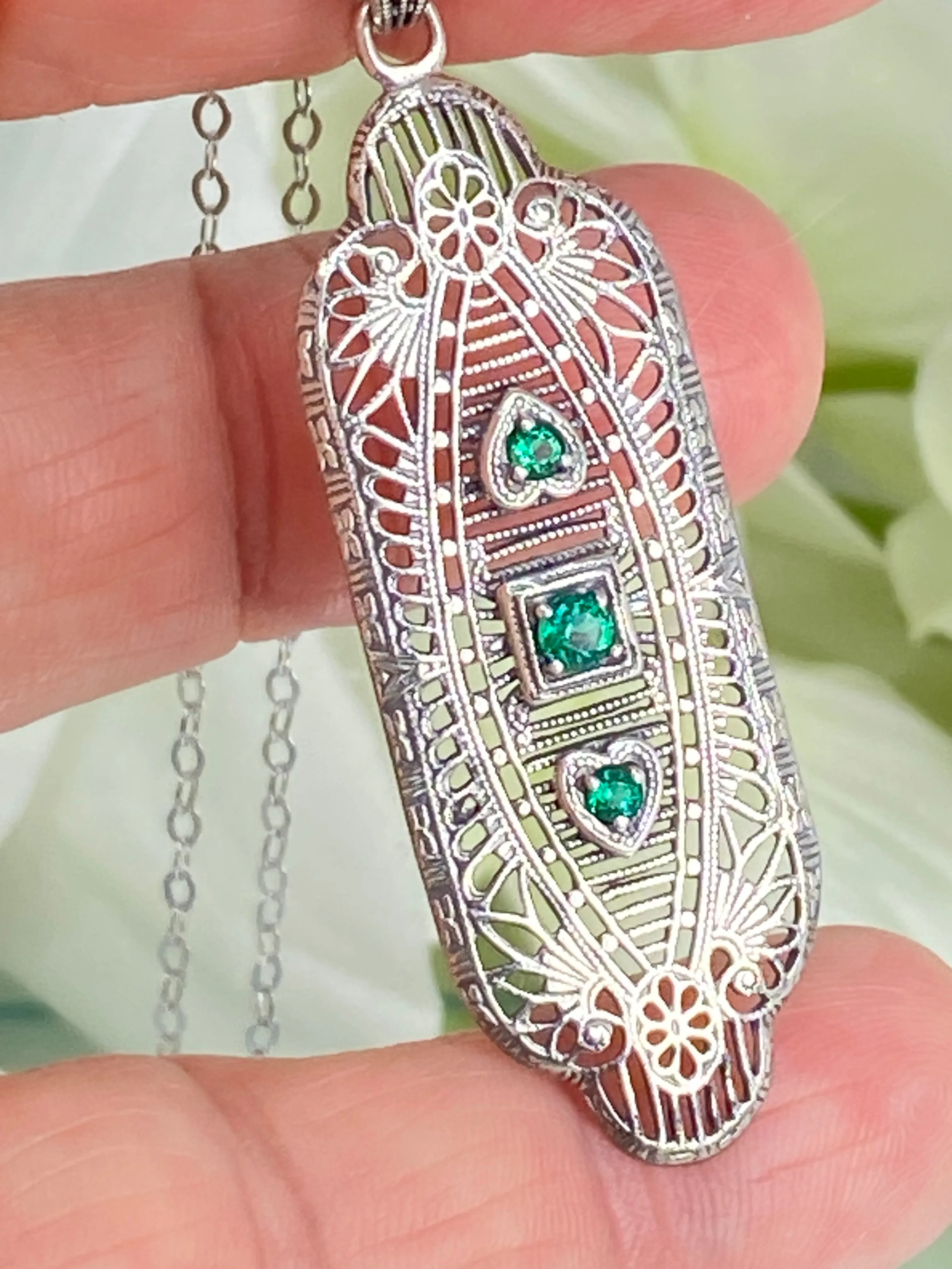 Emerald Angel Wing Pendant Necklace, Simulated or Natural Gemstones, Vintage Revival Jewelry #P359