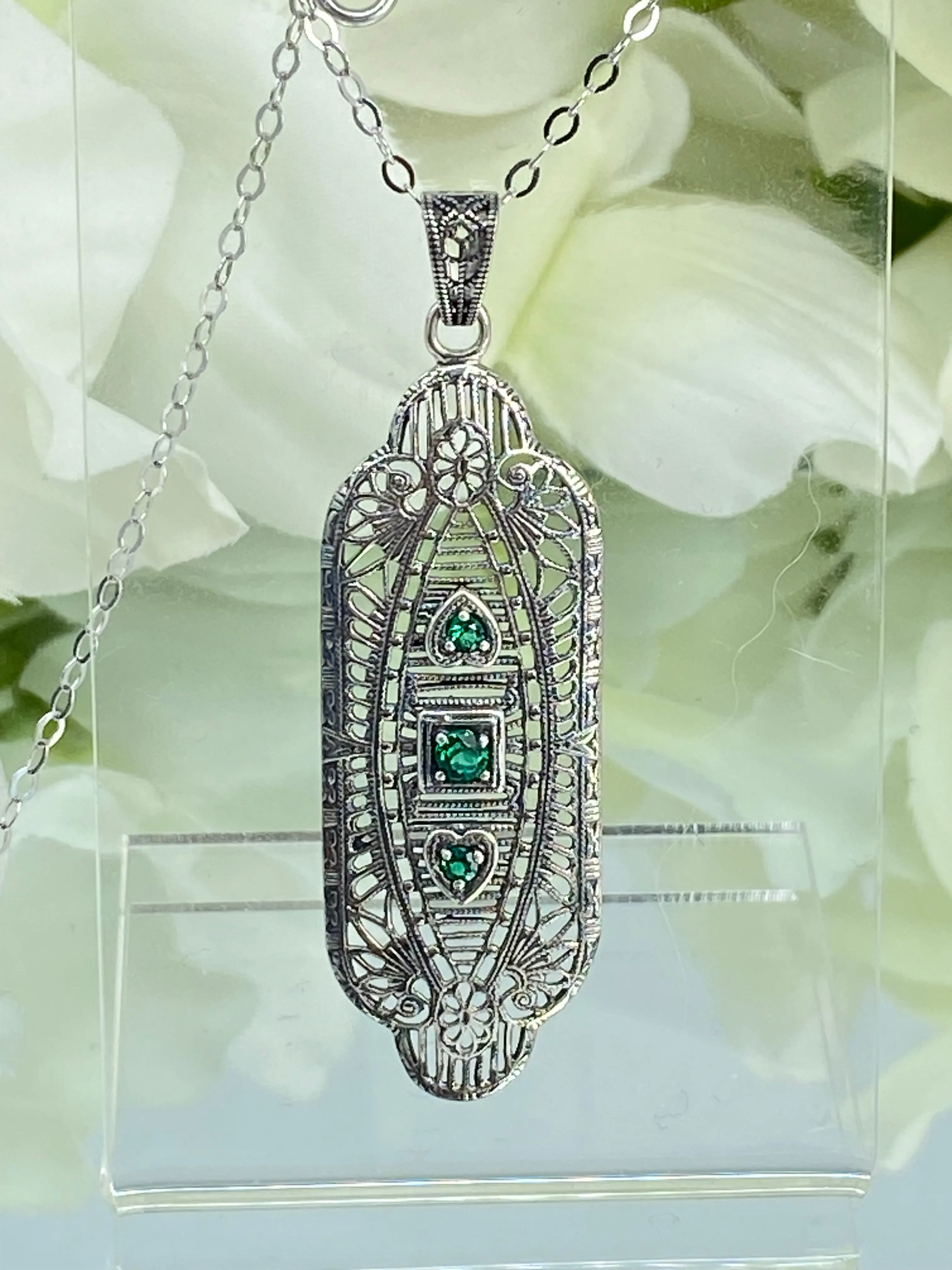 Emerald Angel Wing Pendant Necklace, Simulated or Natural Gemstones, Vintage Revival Jewelry #P359