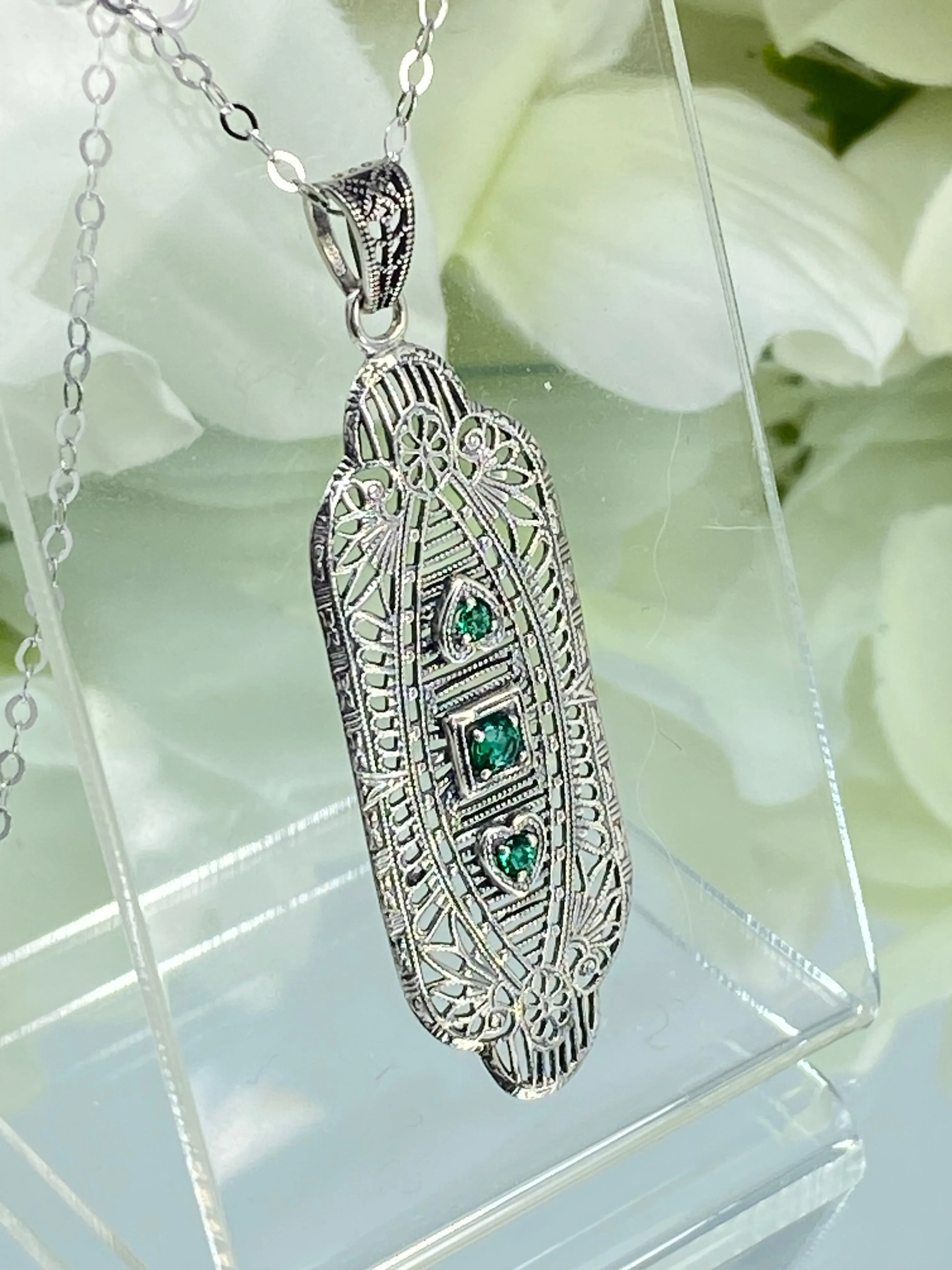Emerald Angel Wing Pendant Necklace, Simulated or Natural Gemstones, Vintage Revival Jewelry #P359