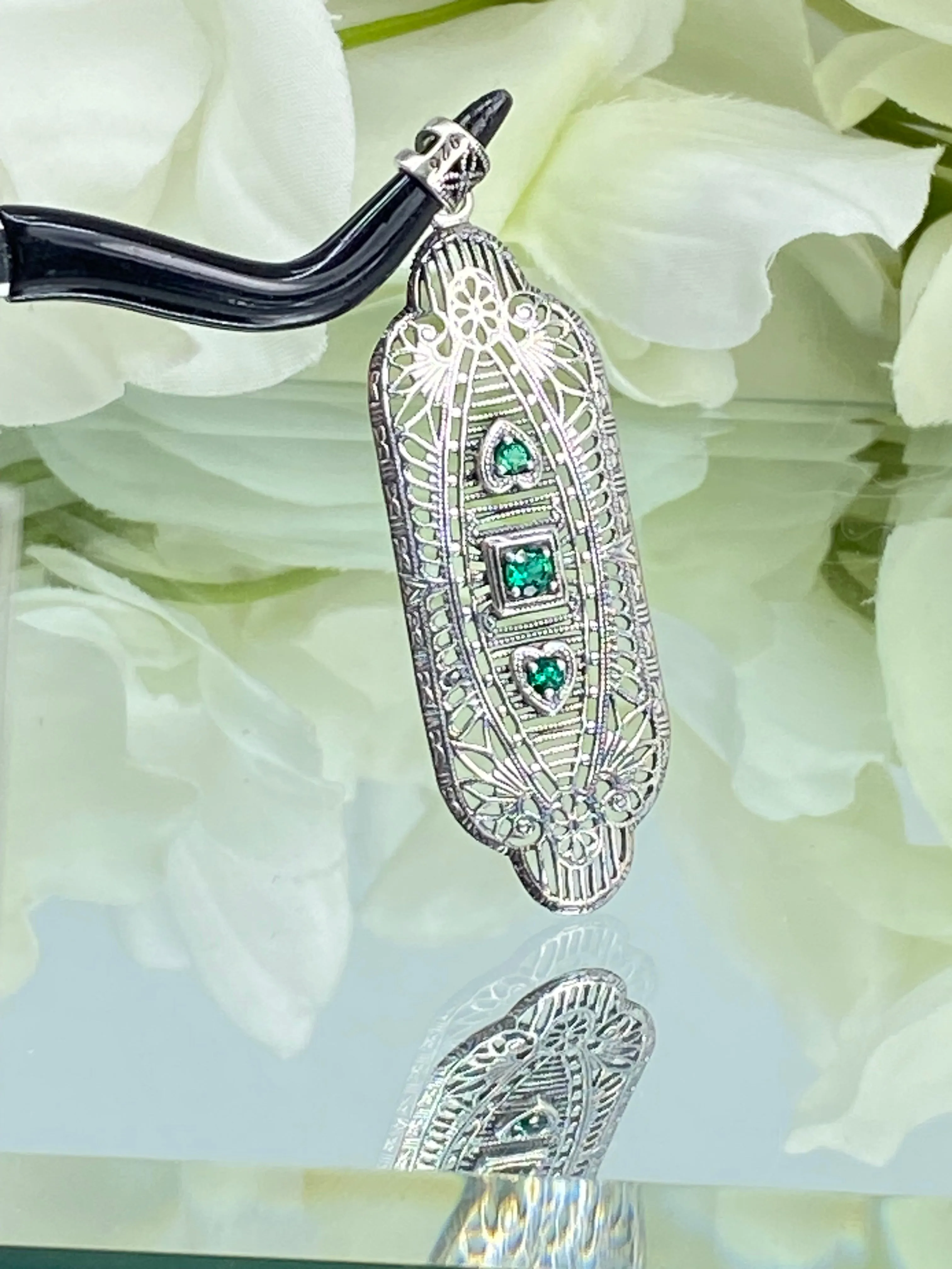 Emerald Angel Wing Pendant Necklace, Simulated or Natural Gemstones, Vintage Revival Jewelry #P359