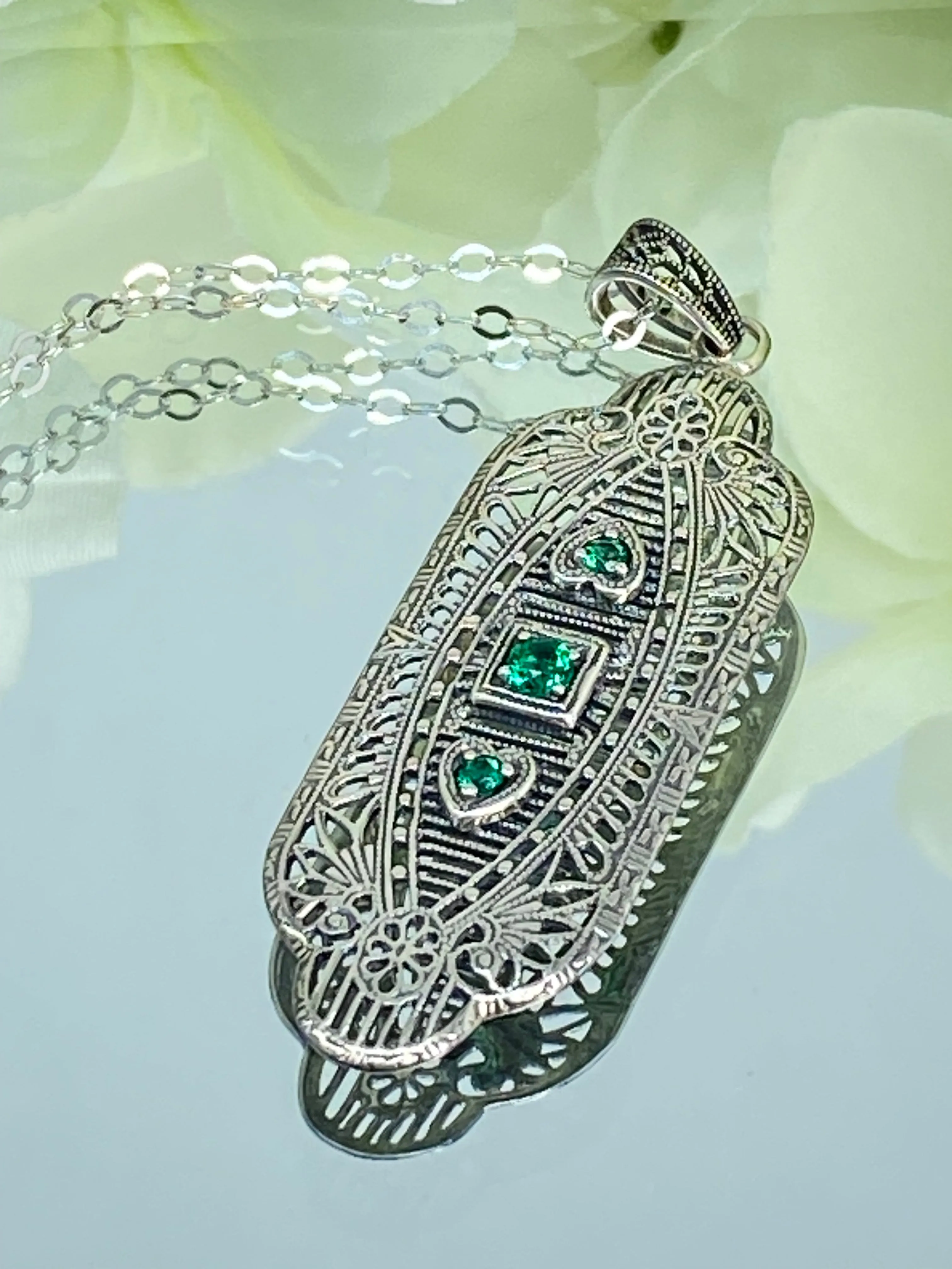 Emerald Angel Wing Pendant Necklace, Simulated or Natural Gemstones, Vintage Revival Jewelry #P359