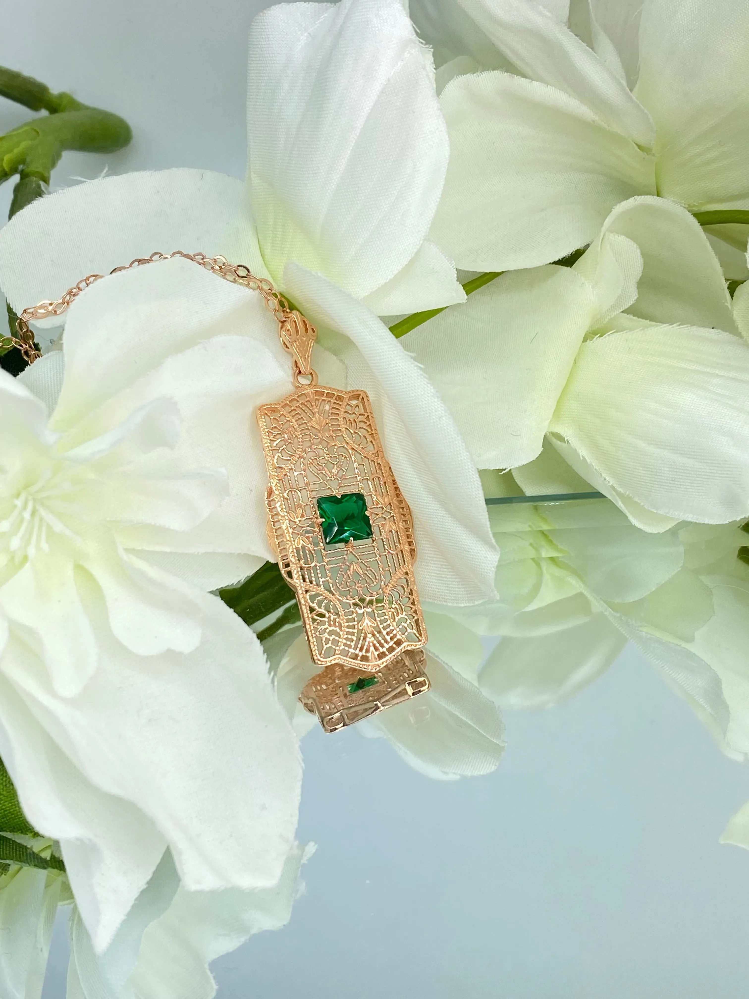 Emerald Pendant, Rose Gold plated Sterling Silver Art Deco Necklace #P26 - Ready to Ship