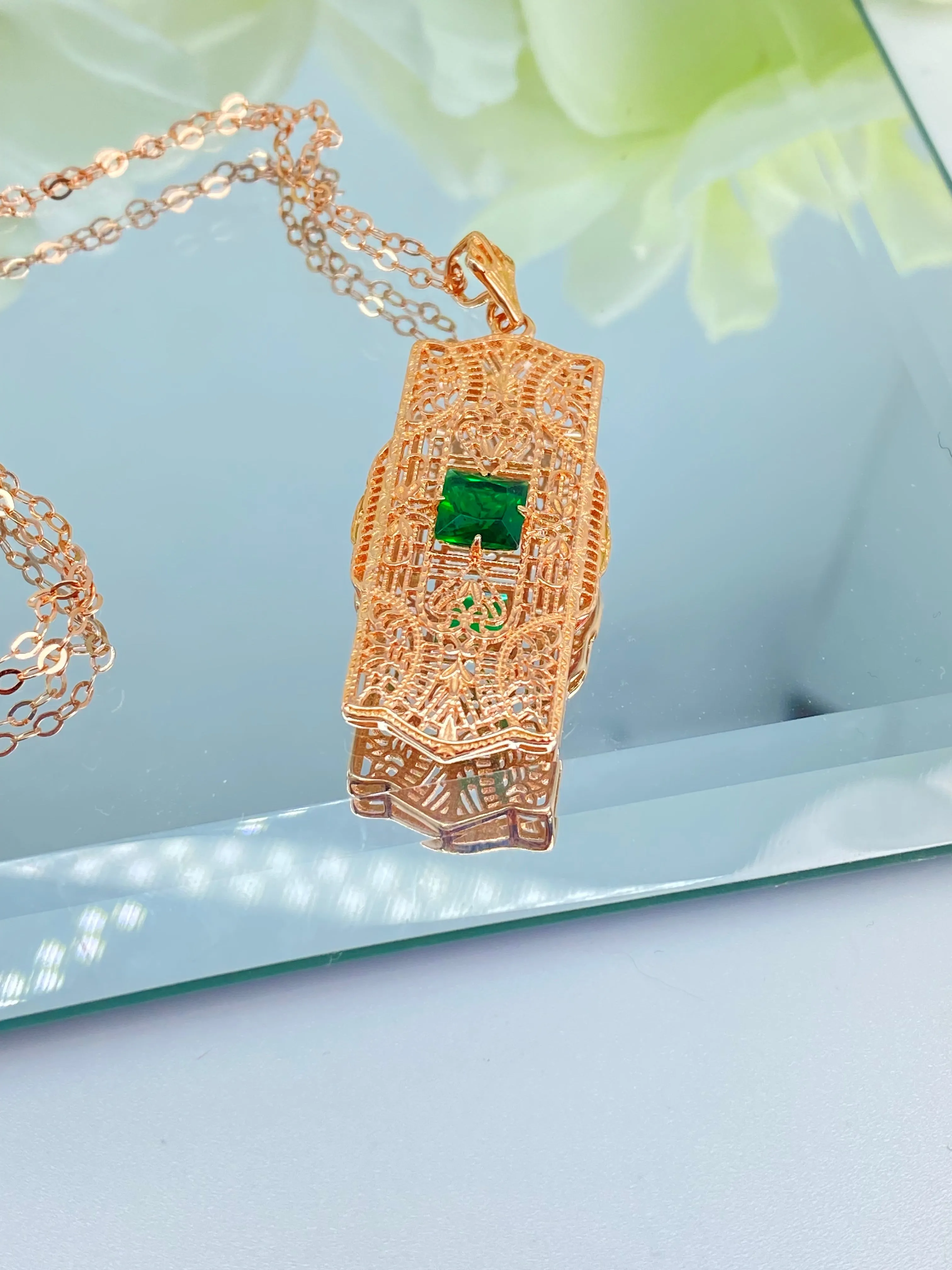 Emerald Pendant, Rose Gold plated Sterling Silver Art Deco Necklace #P26