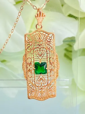 Emerald Pendant, Rose Gold plated Sterling Silver Art Deco Necklace #P26
