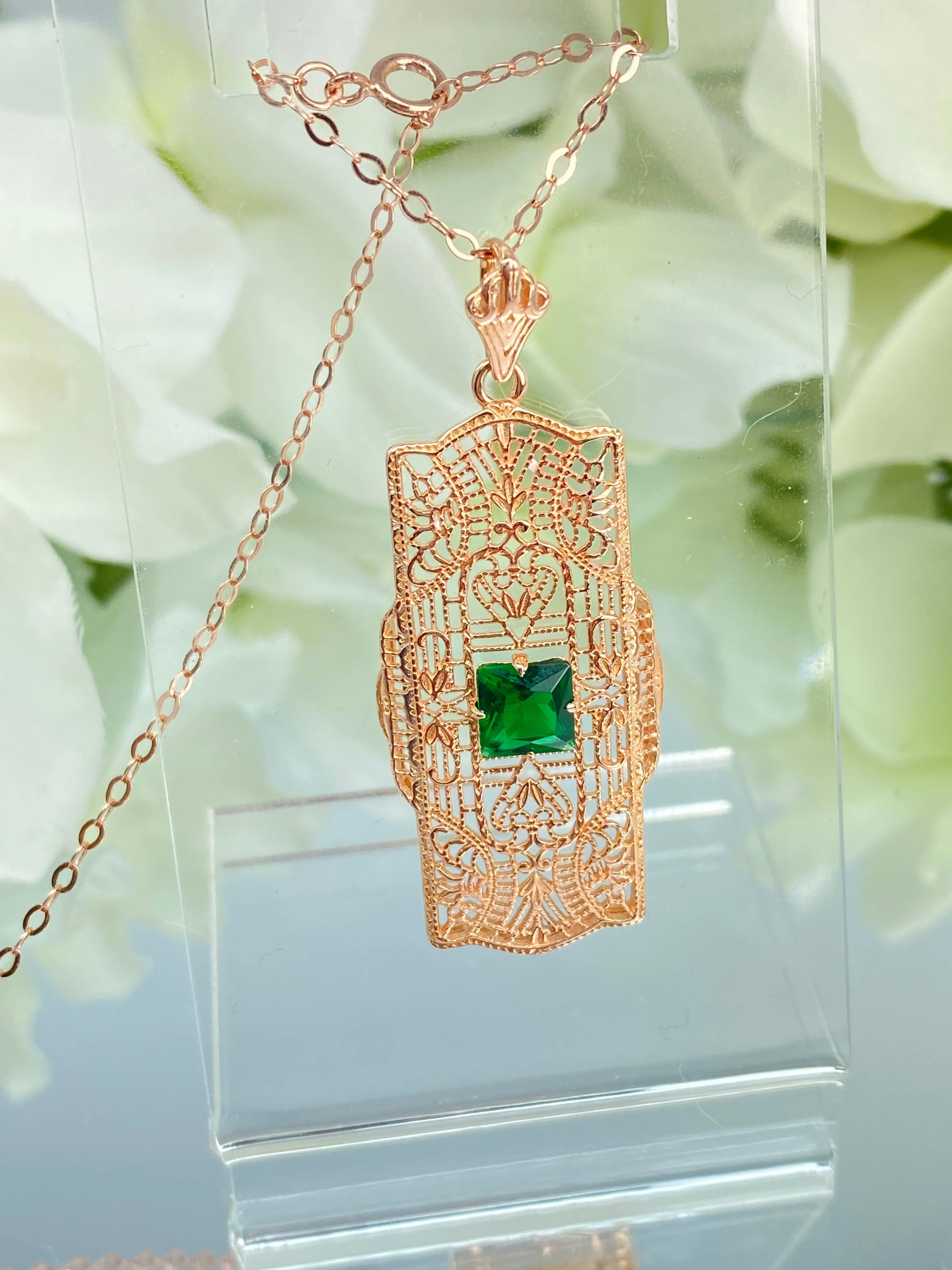 Emerald Pendant, Rose Gold plated Sterling Silver Art Deco Necklace #P26