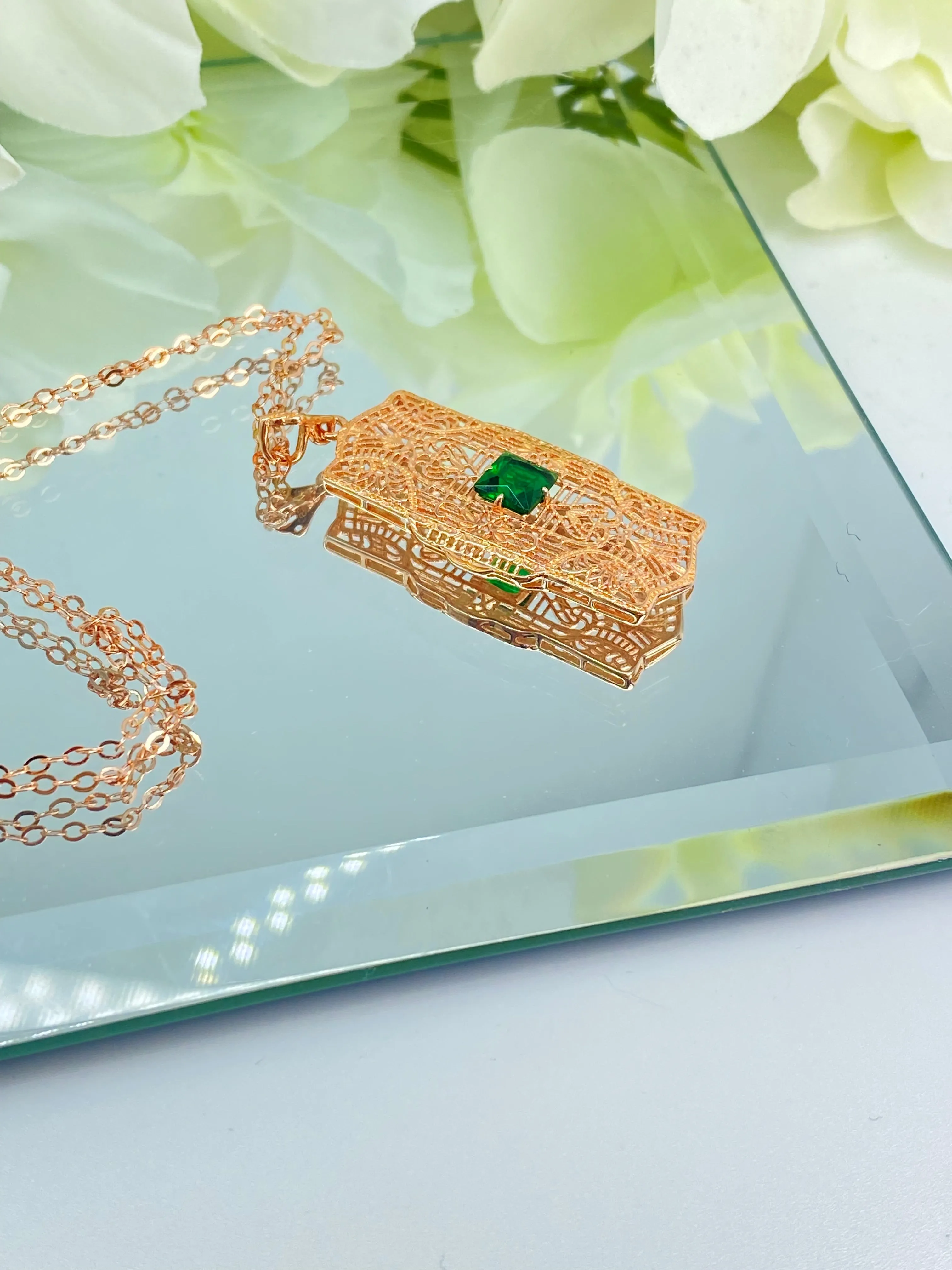 Emerald Pendant, Rose Gold plated Sterling Silver Art Deco Necklace #P26