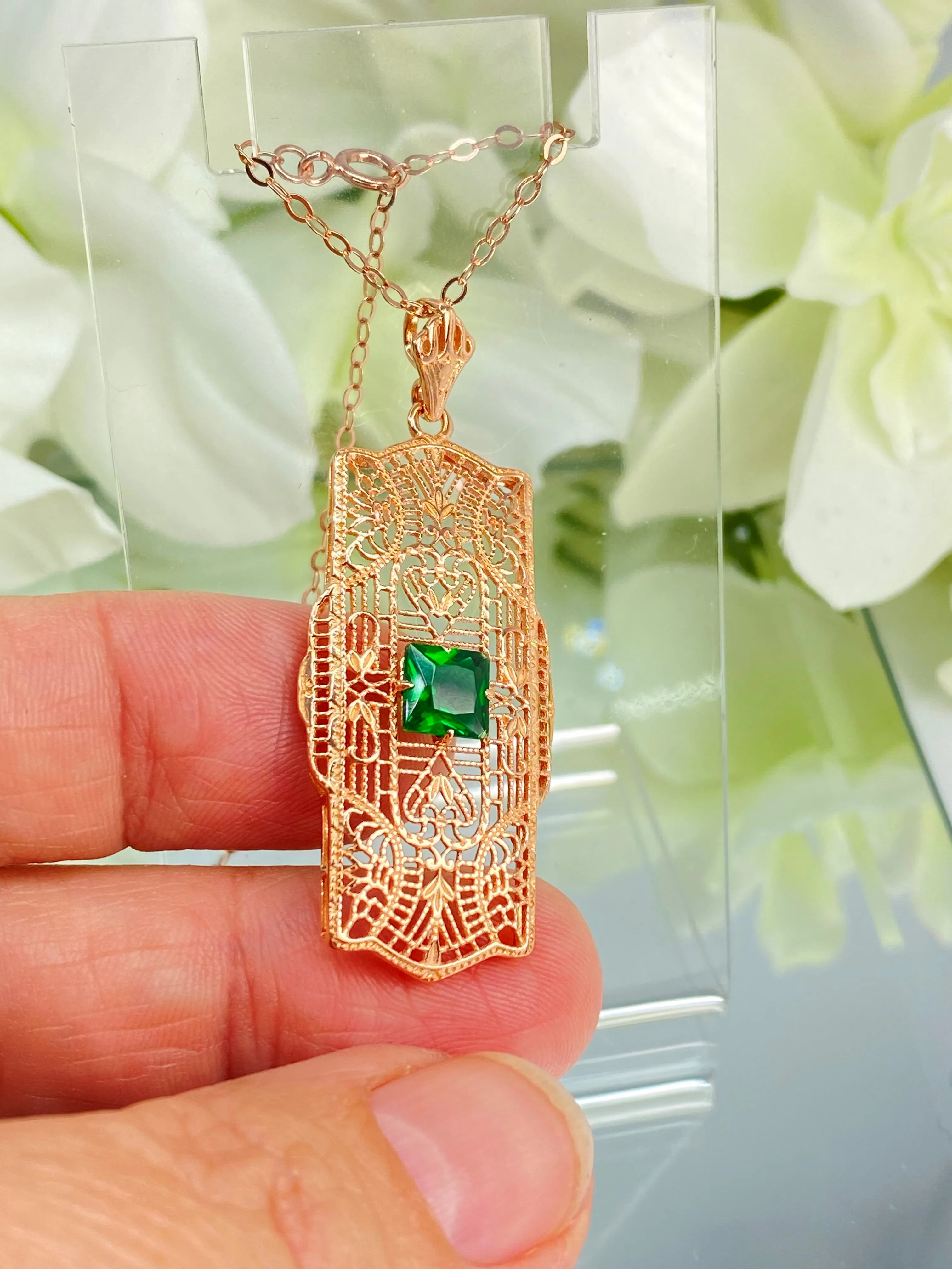 Emerald Pendant, Rose Gold plated Sterling Silver Art Deco Necklace #P26