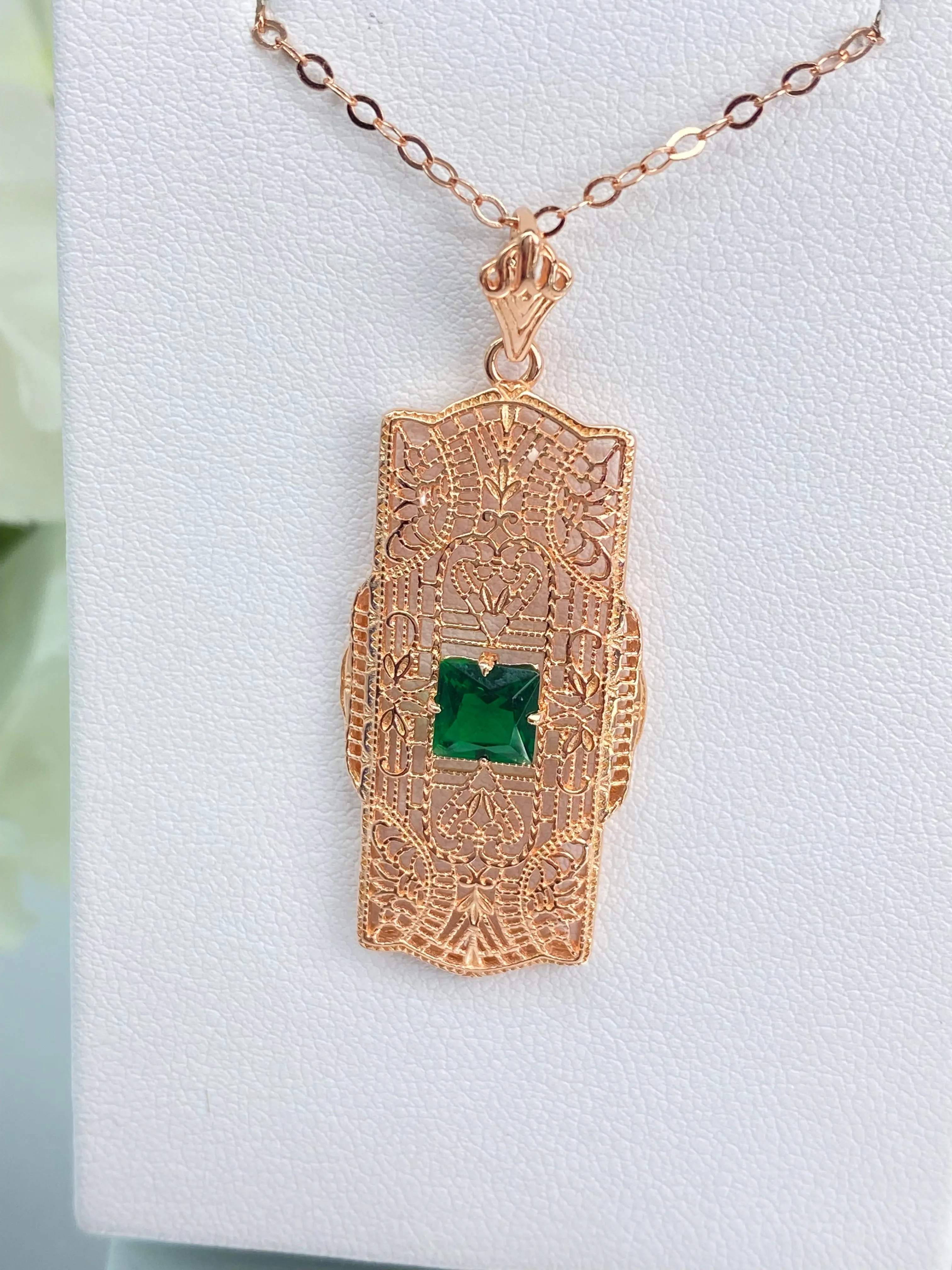 Emerald Pendant, Rose Gold plated Sterling Silver Art Deco Necklace #P26