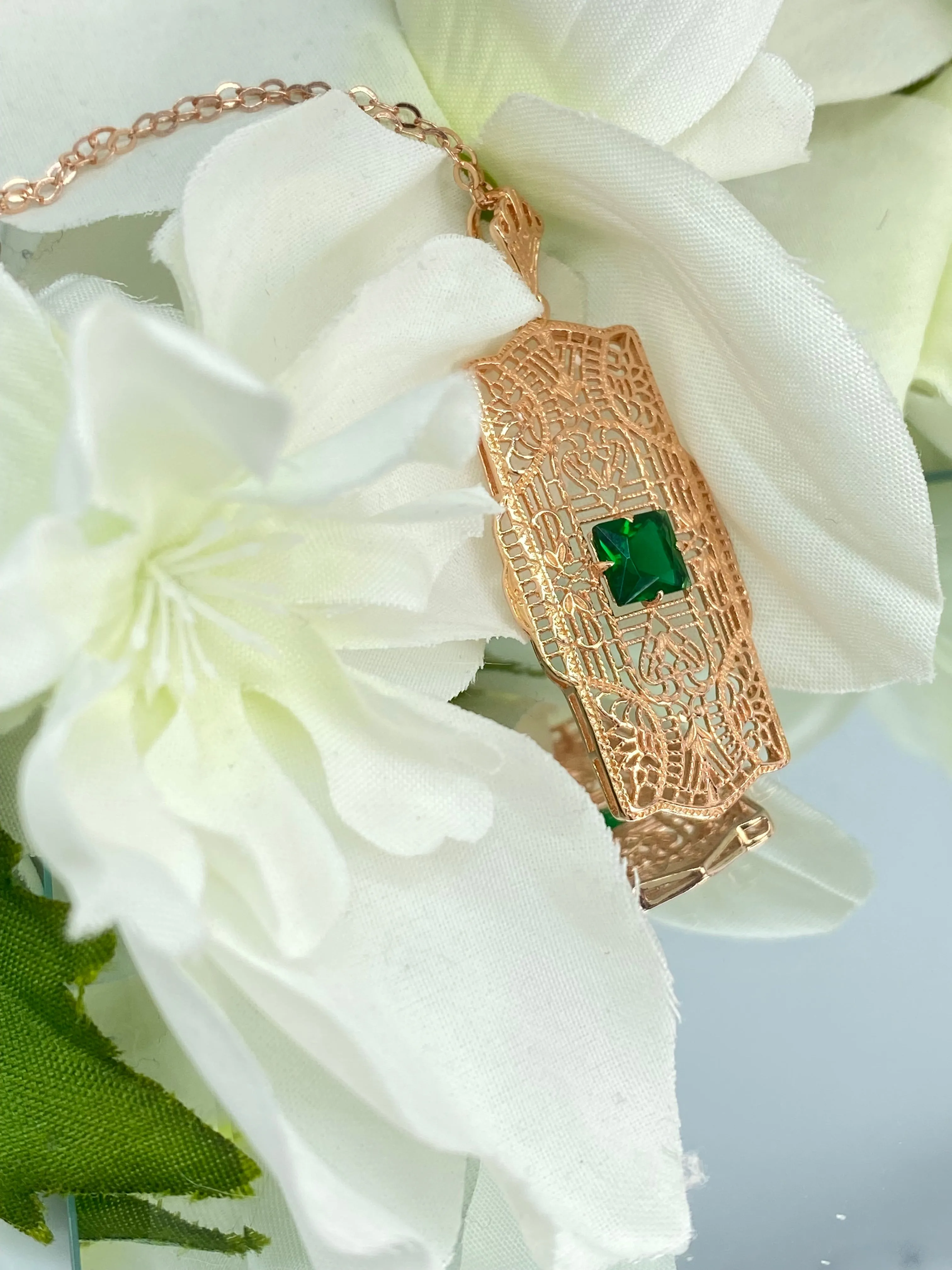 Emerald Pendant, Rose Gold plated Sterling Silver Art Deco Necklace #P26