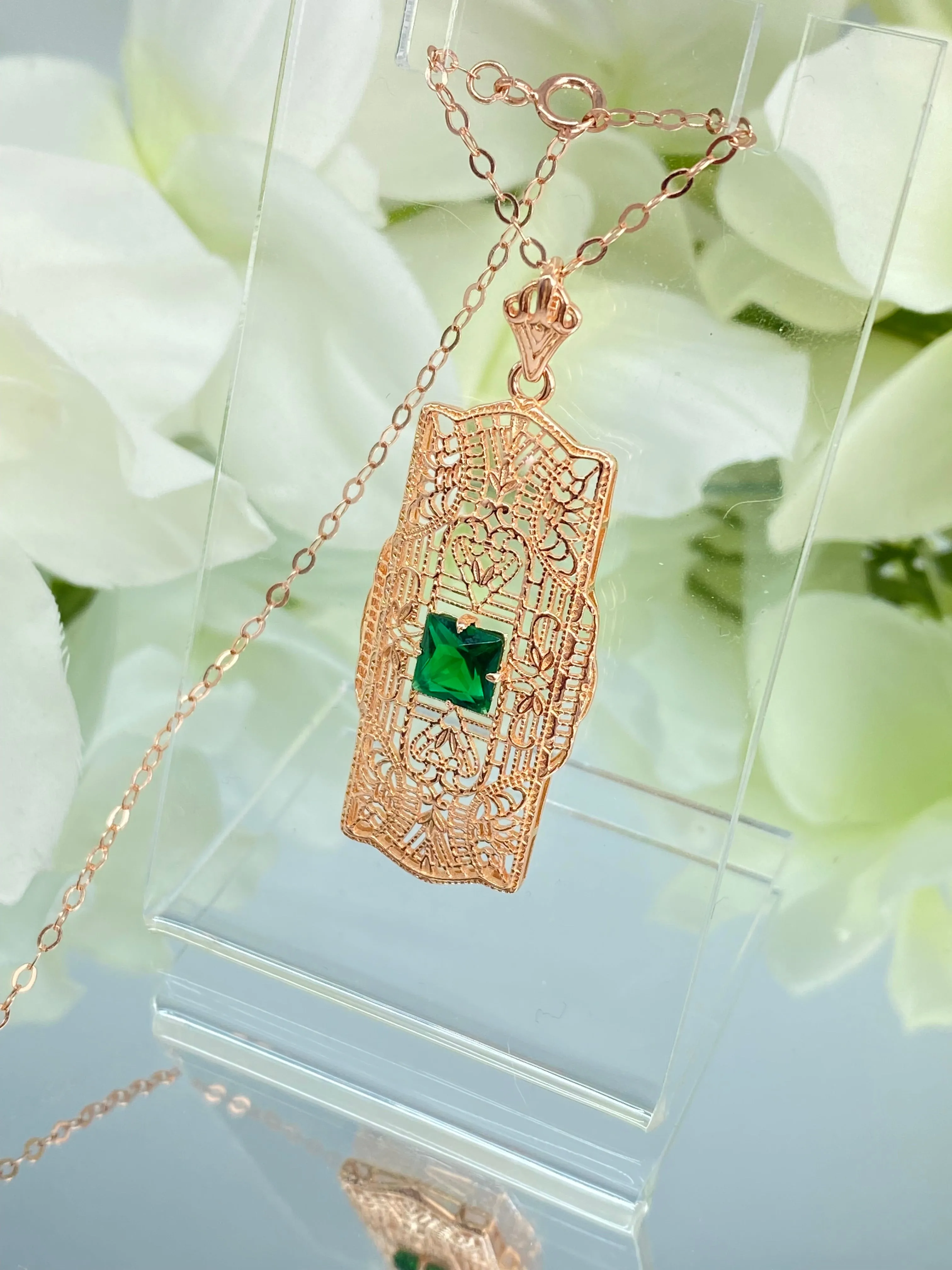 Emerald Pendant, Rose Gold plated Sterling Silver Art Deco Necklace #P26