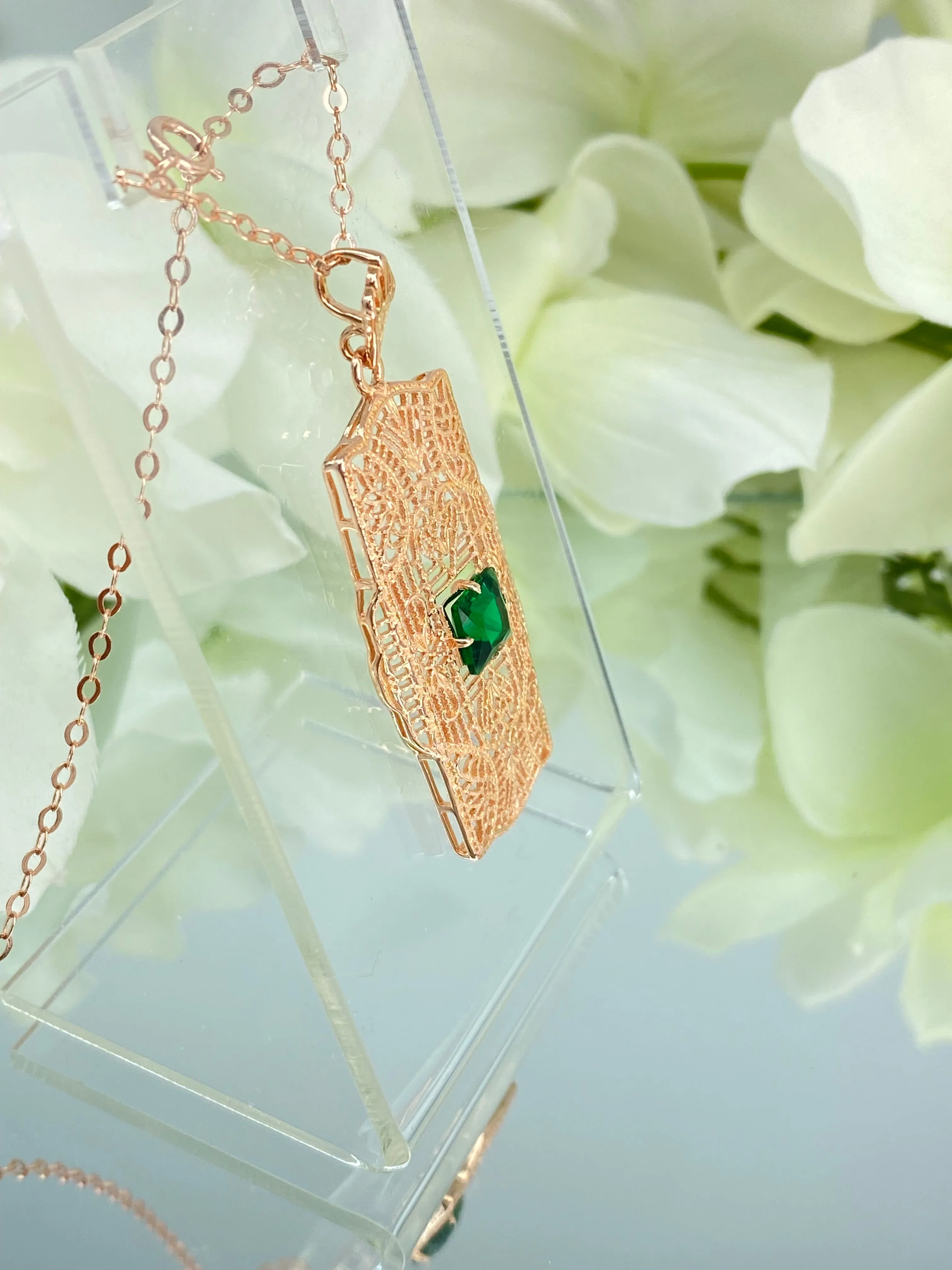 Emerald Pendant, Rose Gold plated Sterling Silver Art Deco Necklace #P26
