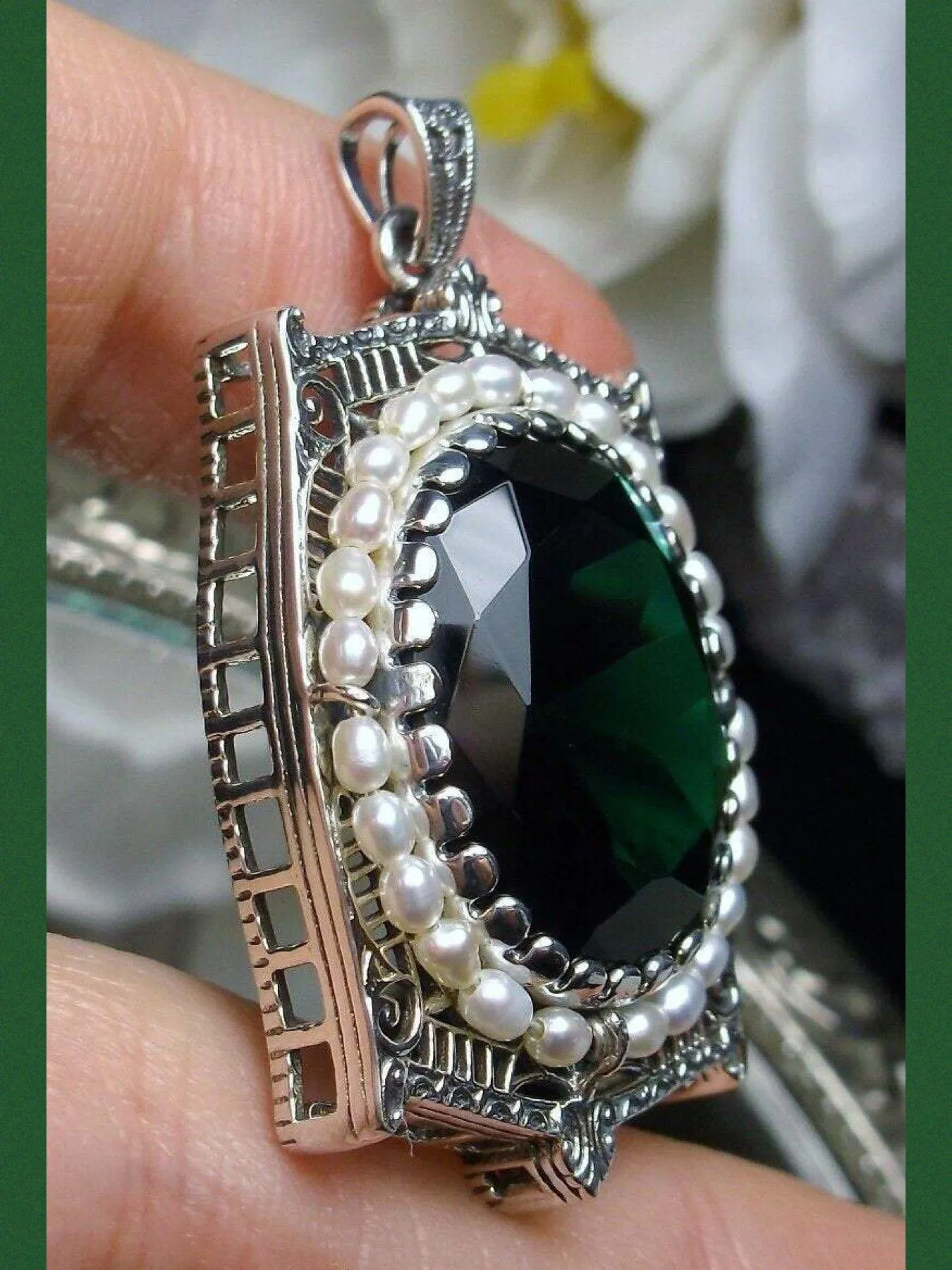 Emerald Pendant, Victorian Revival Jewelry #P55