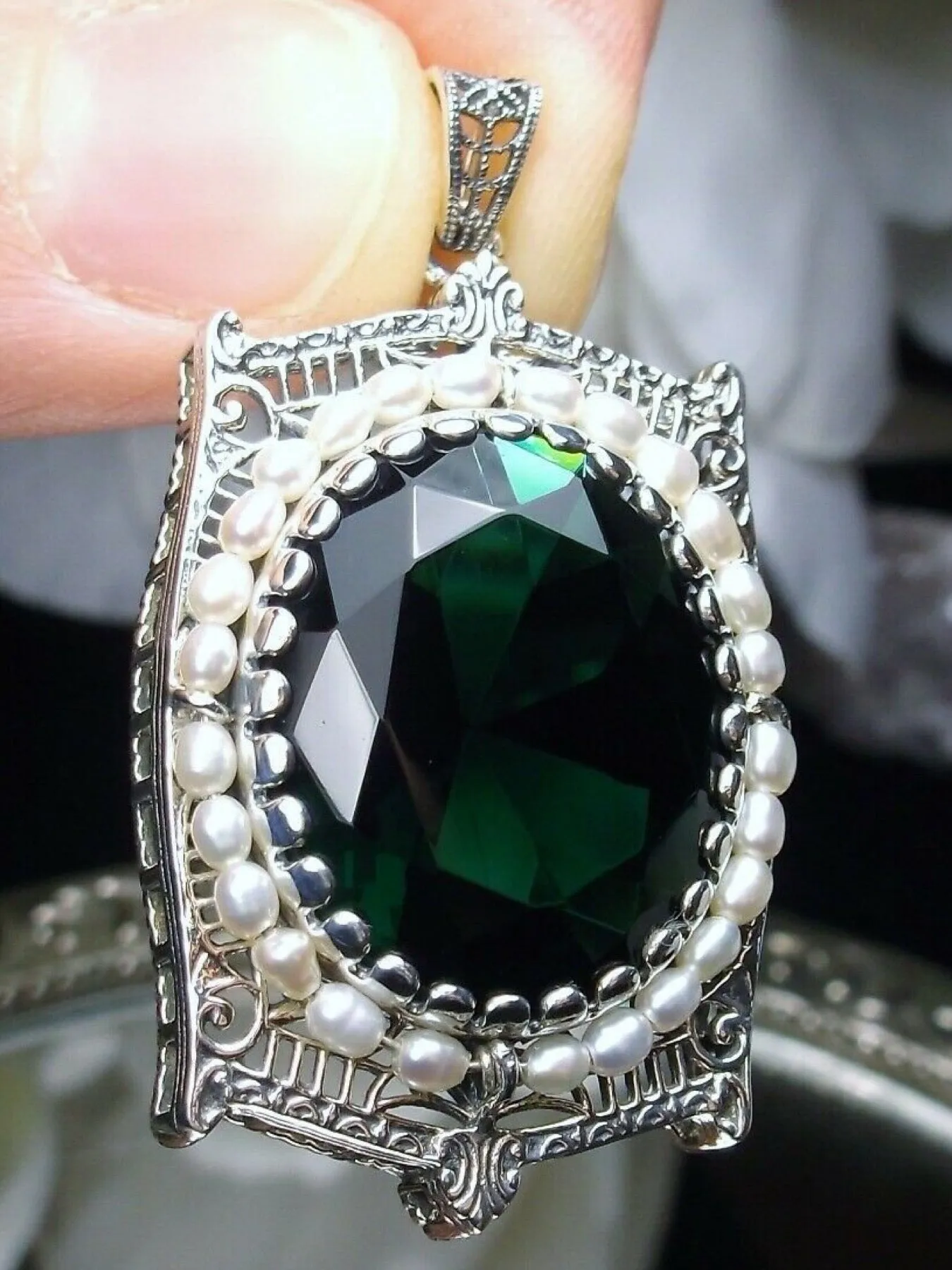 Emerald Pendant, Victorian Revival Jewelry #P55