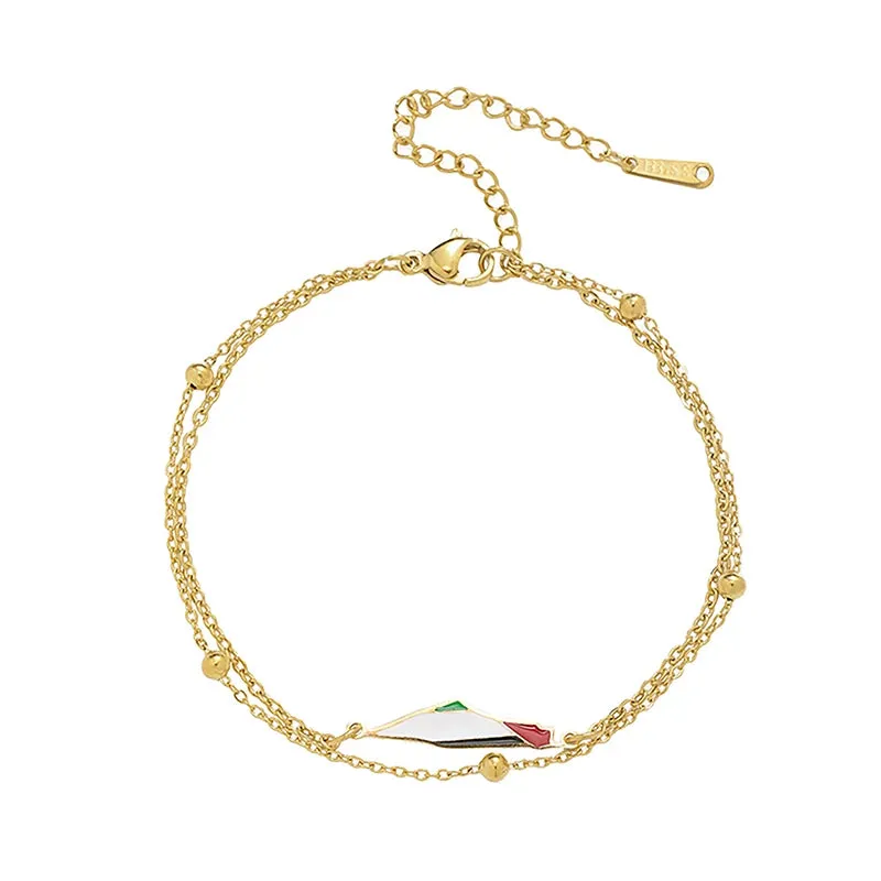 Enamel Palestine Map Charm Bracelet Double Layer Bead Chain For Women Men Gold Color Hand Bracelet Country Geography Jewelry