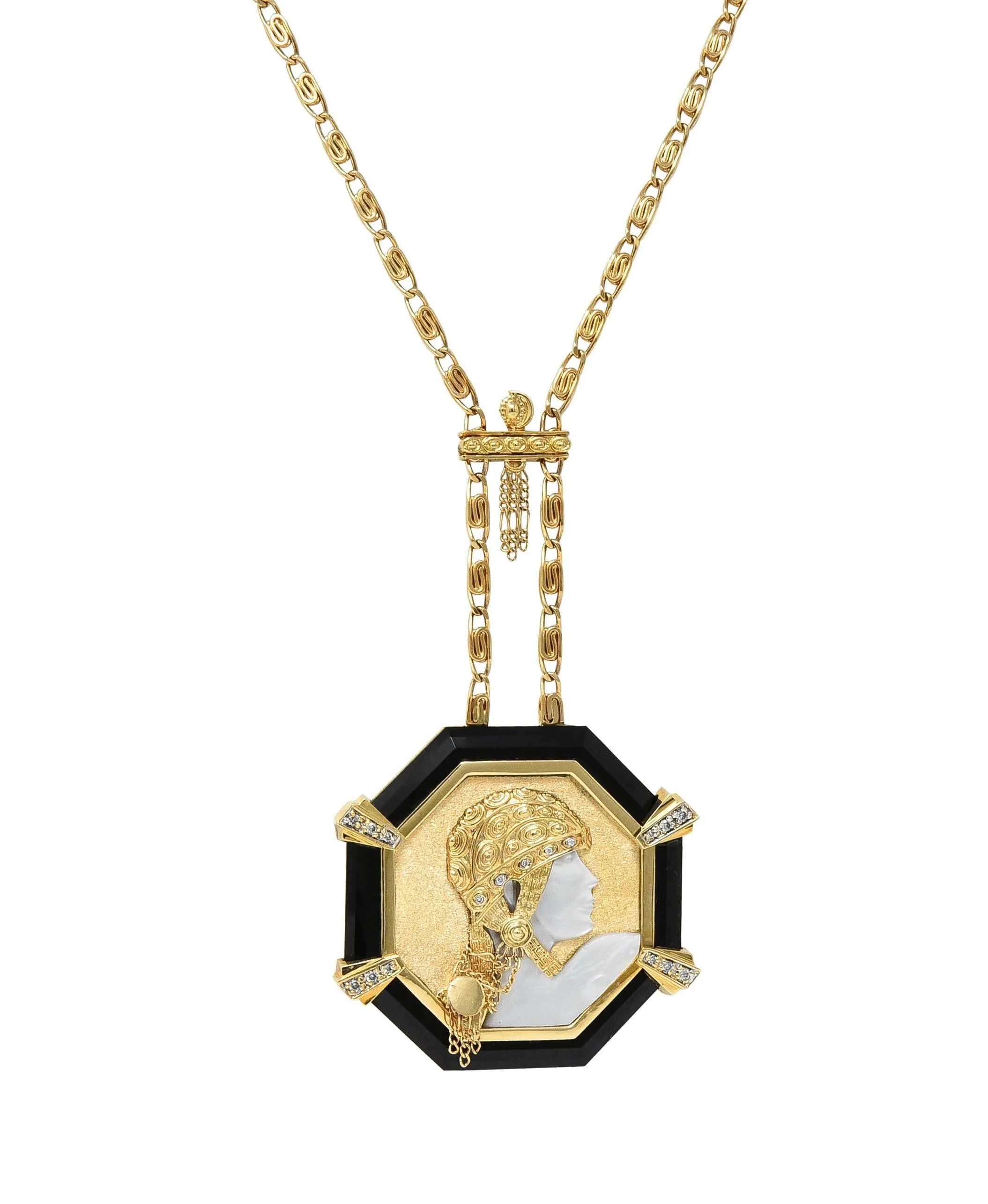 Erté 1970's Diamond Onyx Mother-Of-Pearl 14K Gold Vintage Aventurine Sautoir Necklace