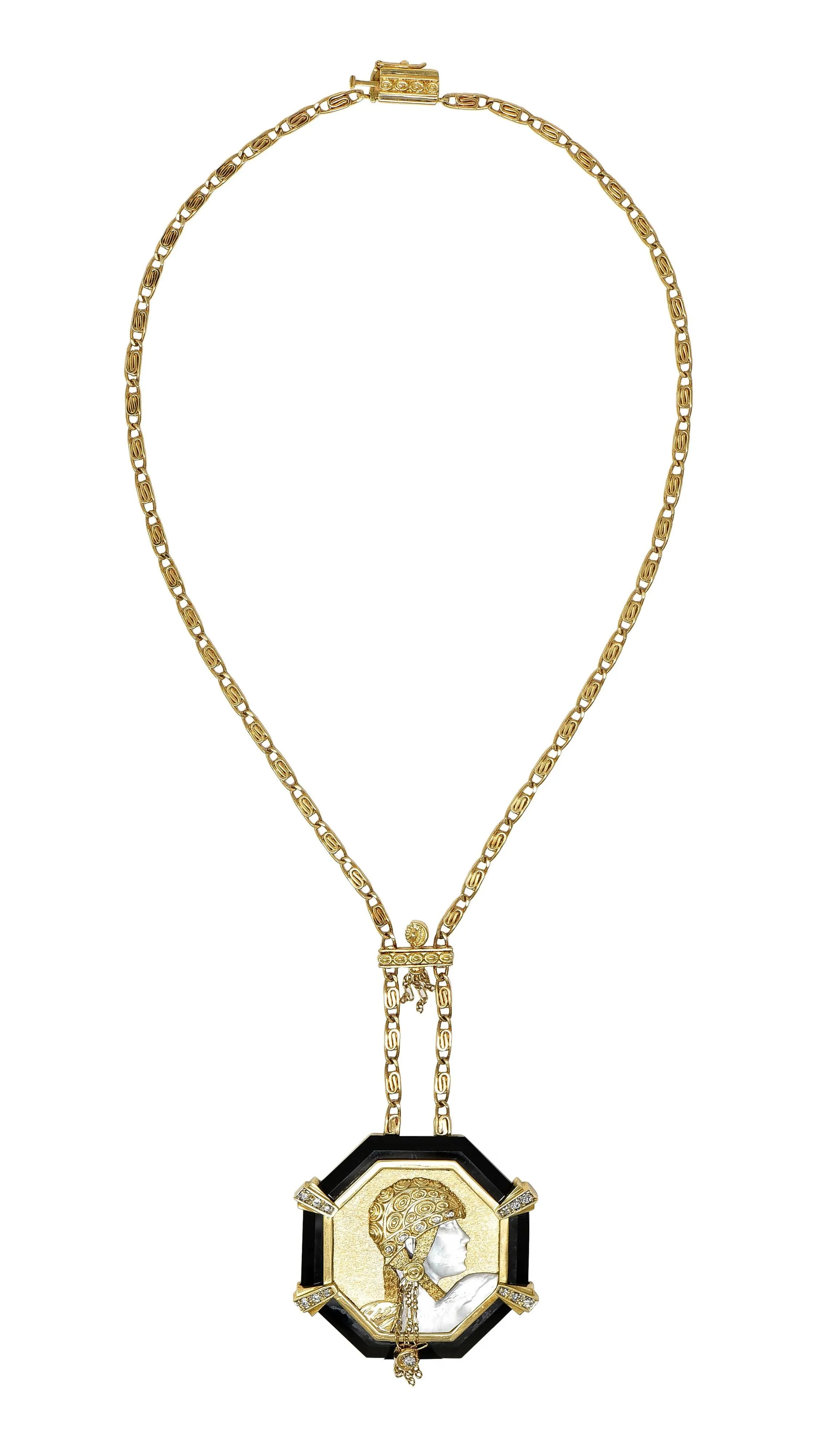 Erté 1970's Diamond Onyx Mother-Of-Pearl 14K Gold Vintage Aventurine Sautoir Necklace