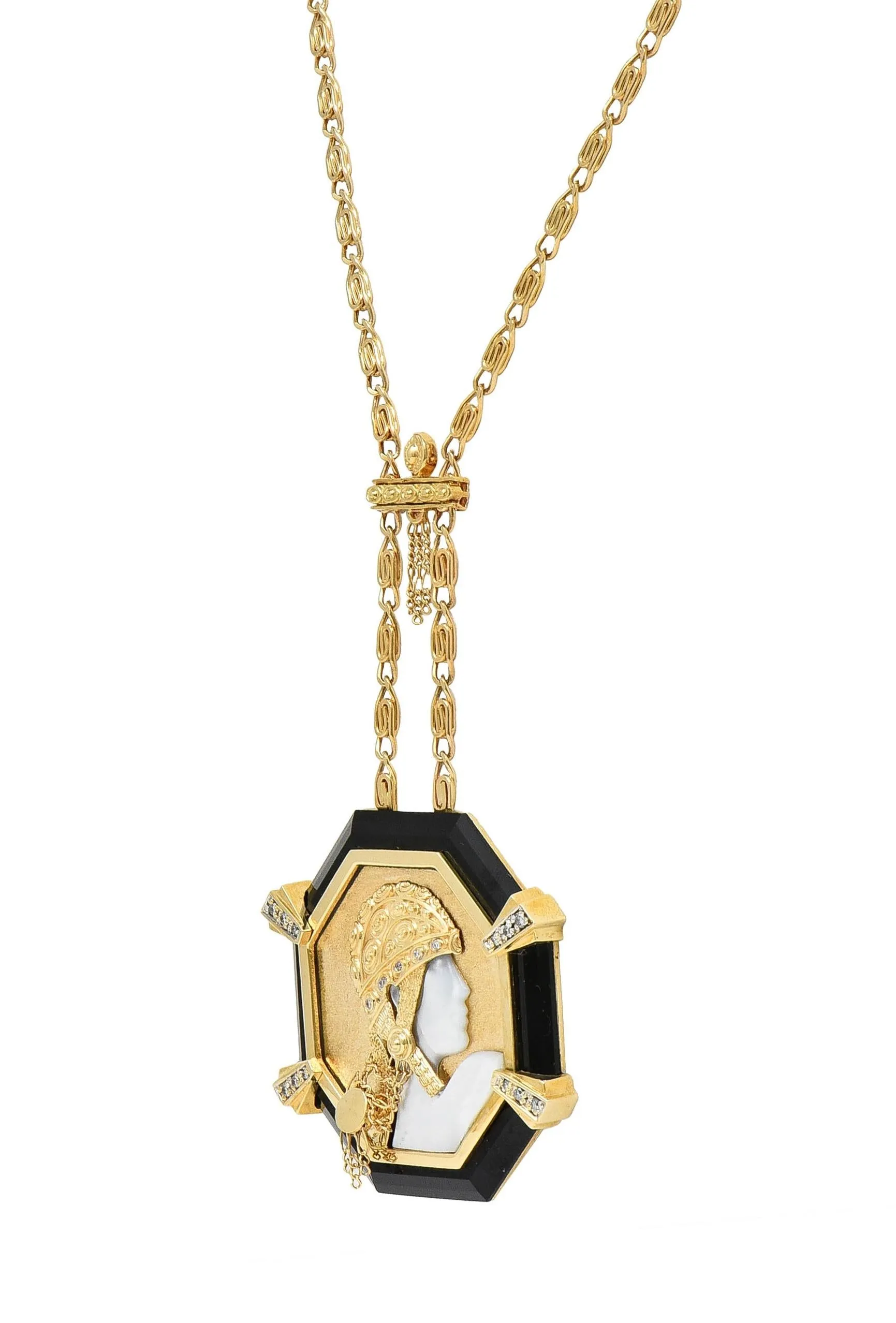 Erté 1970's Diamond Onyx Mother-Of-Pearl 14K Gold Vintage Aventurine Sautoir Necklace