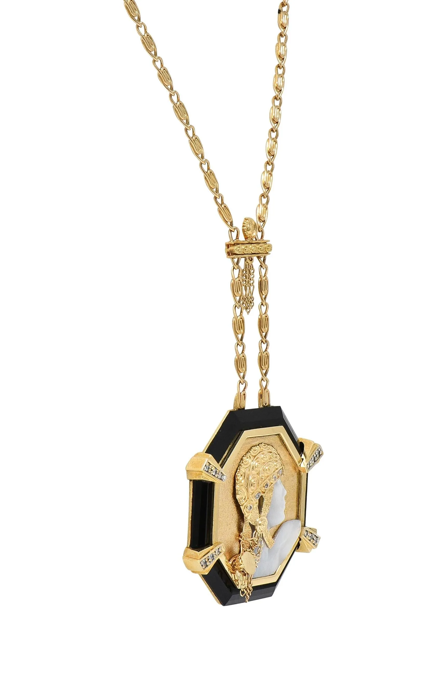 Erté 1970's Diamond Onyx Mother-Of-Pearl 14K Gold Vintage Aventurine Sautoir Necklace