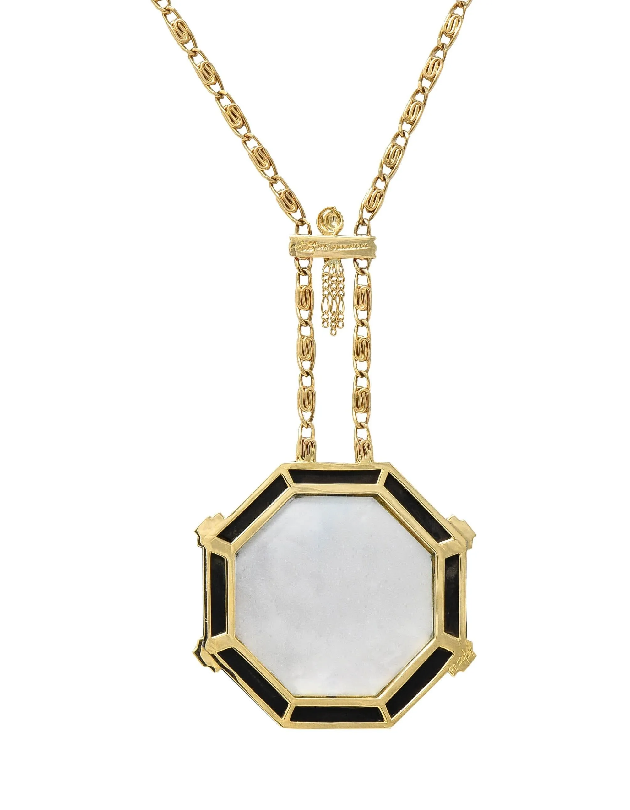 Erté 1970's Diamond Onyx Mother-Of-Pearl 14K Gold Vintage Aventurine Sautoir Necklace