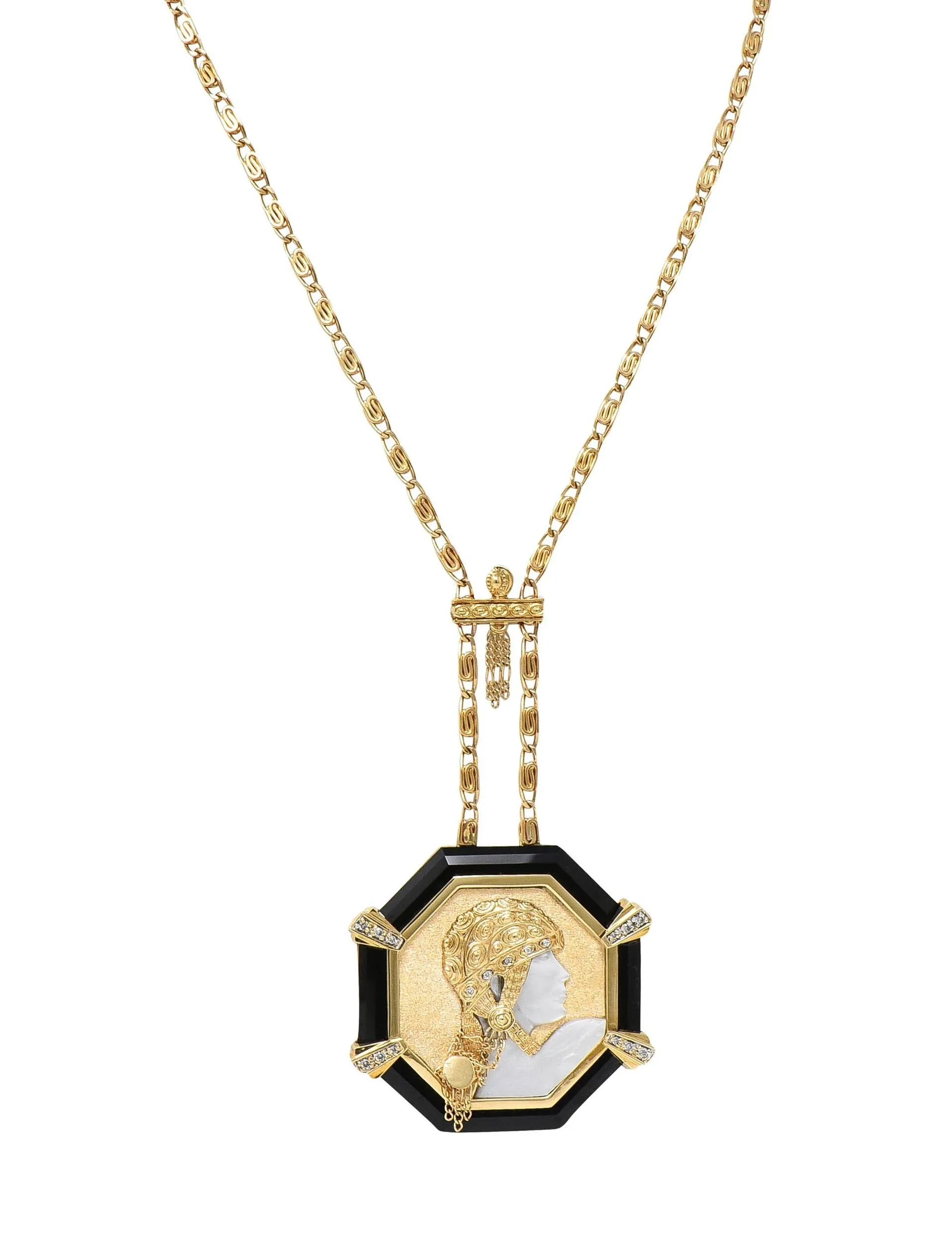 Erté 1970's Diamond Onyx Mother-Of-Pearl 14K Gold Vintage Aventurine Sautoir Necklace