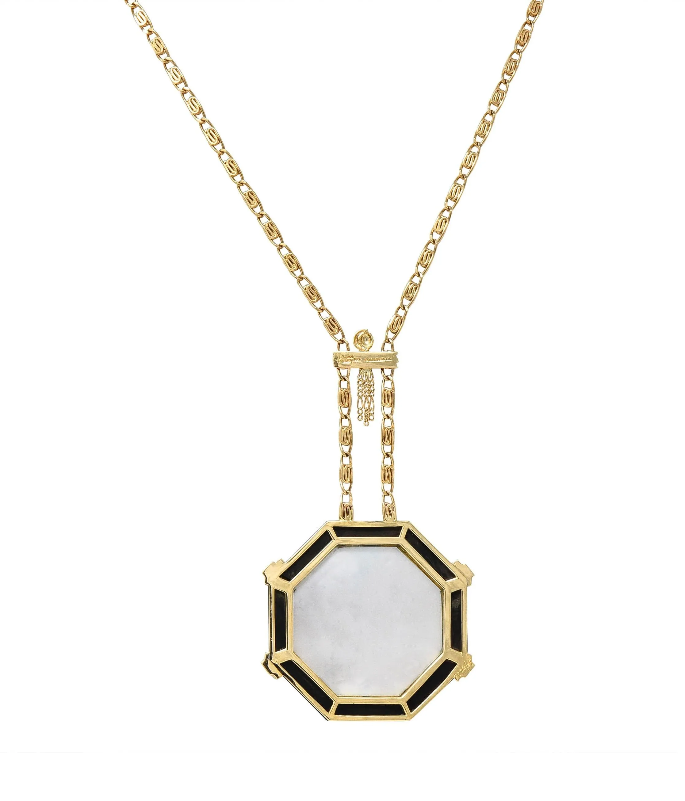Erté 1970's Diamond Onyx Mother-Of-Pearl 14K Gold Vintage Aventurine Sautoir Necklace