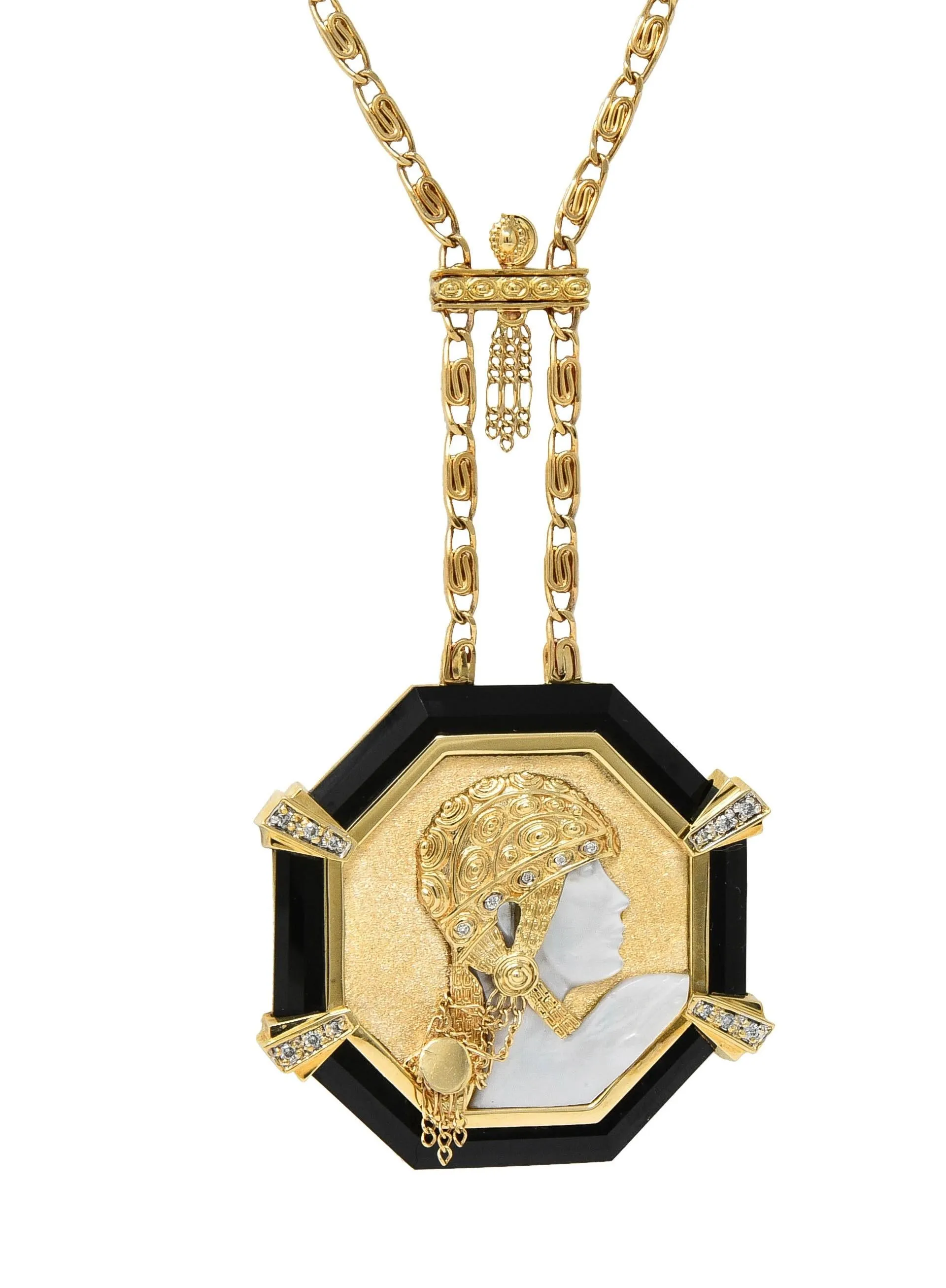 Erté 1970's Diamond Onyx Mother-Of-Pearl 14K Gold Vintage Aventurine Sautoir Necklace