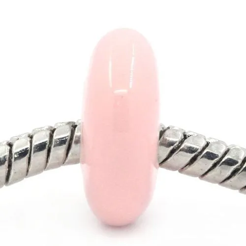 European Charm Beads Flat Round Silver Plated Enamel light Pink