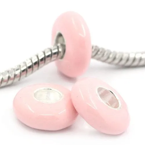 European Charm Beads Flat Round Silver Plated Enamel light Pink