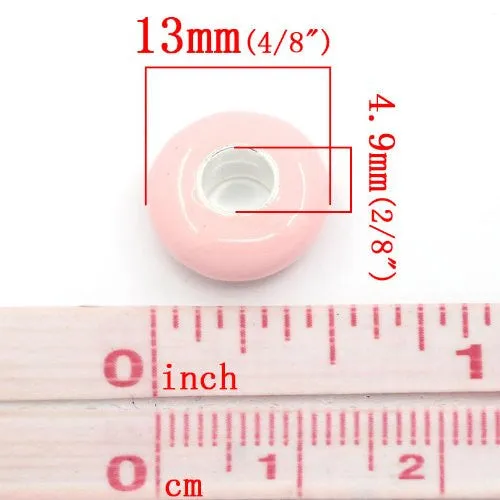European Charm Beads Flat Round Silver Plated Enamel light Pink