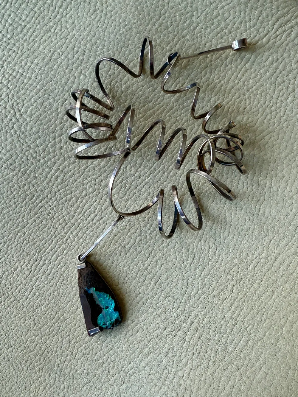 Extra Large Swedish Vintage Handmade Spiral Pendant in Sterling Silver with Geometric Opal Stone Slab - Signed