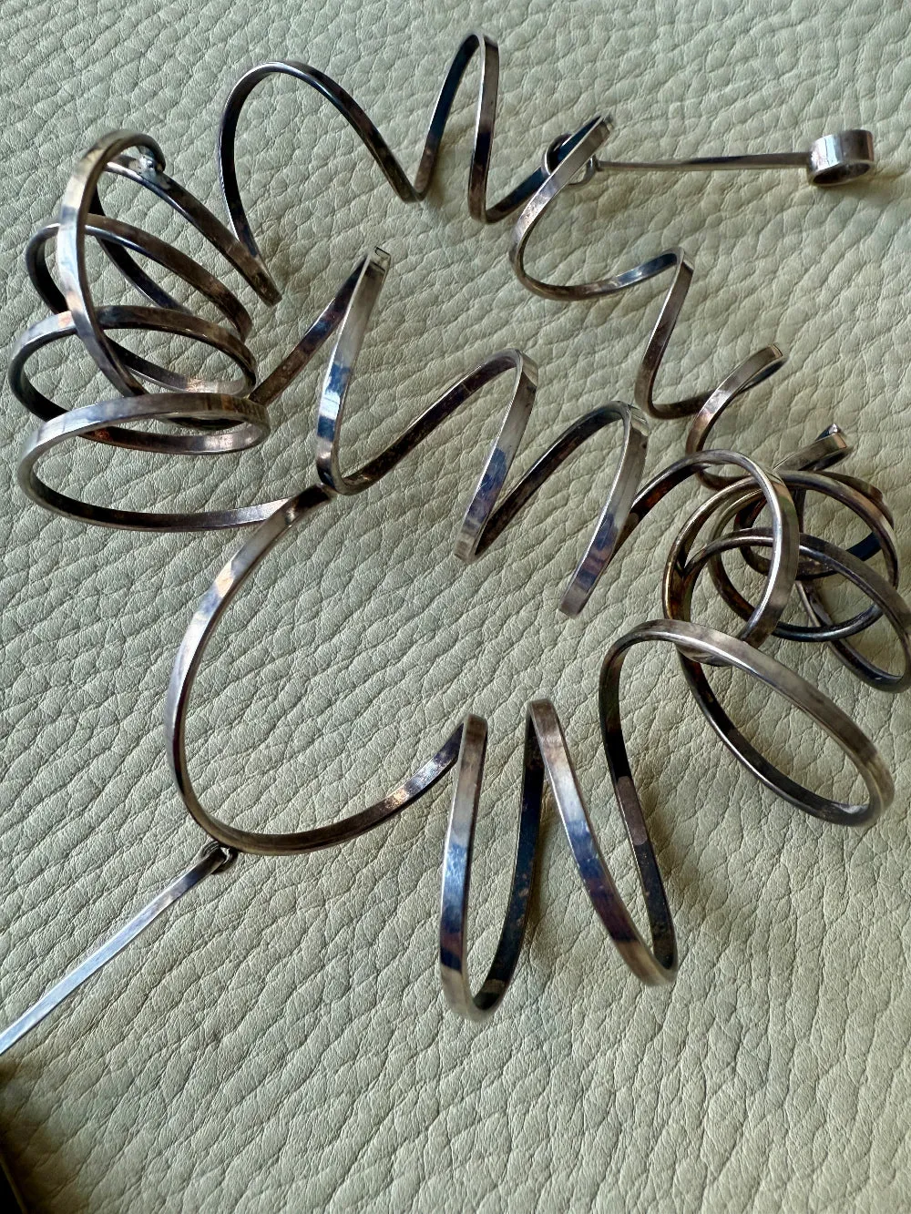 Extra Large Swedish Vintage Handmade Spiral Pendant in Sterling Silver with Geometric Opal Stone Slab - Signed