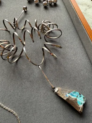Extra Large Swedish Vintage Handmade Spiral Pendant in Sterling Silver with Geometric Opal Stone Slab - Signed