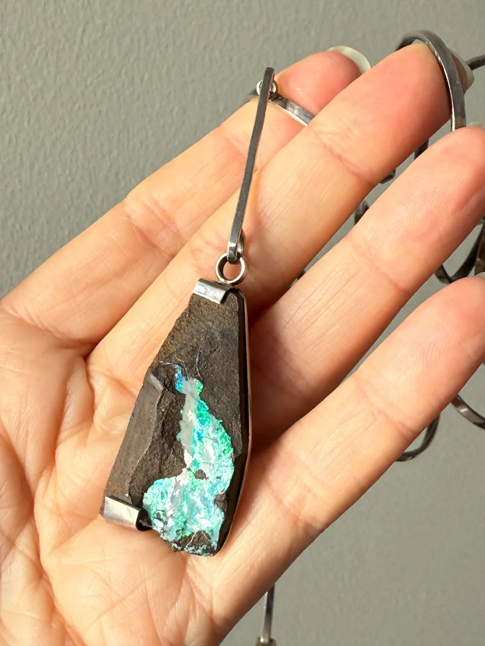 Extra Large Swedish Vintage Handmade Spiral Pendant in Sterling Silver with Geometric Opal Stone Slab - Signed