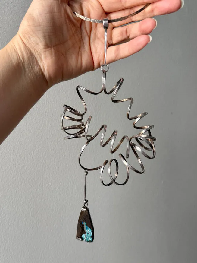 Extra Large Swedish Vintage Handmade Spiral Pendant in Sterling Silver with Geometric Opal Stone Slab - Signed